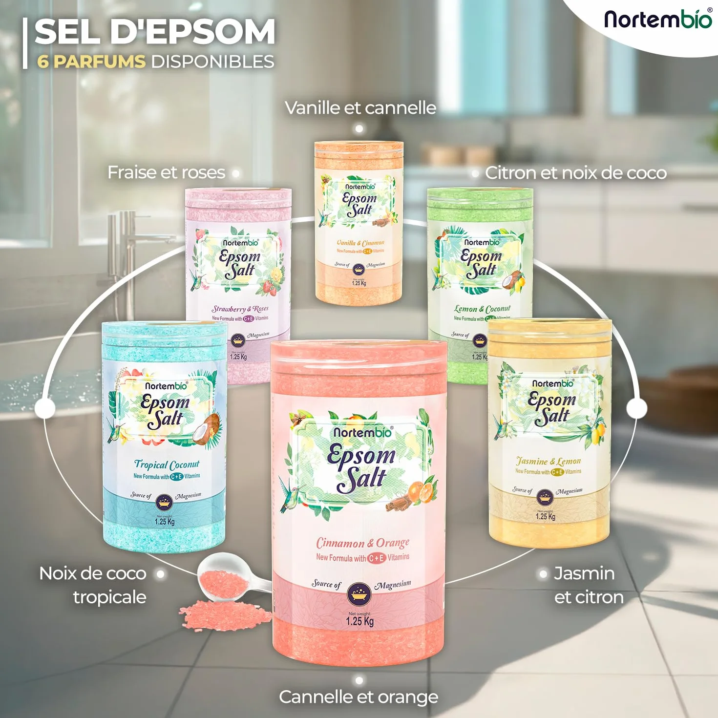 Nortembio Sels d'Epsom Parfumés 6 kg Sel de Bain au Magnésium, Vitamines C & E | Bain de Pieds, Spa Maison, Relaxation et Bien-être | Parfum au Choix + eBook Gratuit (Noix de Coco Tropicale)