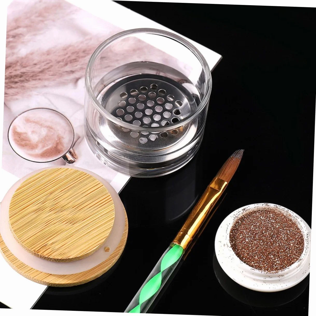 Lot de 2 Tasses à Manucure en Verre avec Couvercle, Bol Remplaçable pour Nettoyage de Pinceaux, Acier Inoxydable et Verre