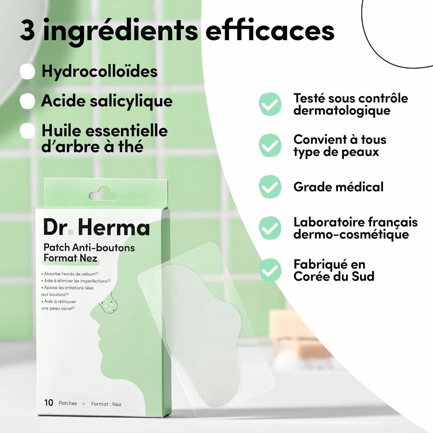 Dr. Herma - Patch Anti Bouton - Adapté au Nez - Résultats en 6 à 8h - Testé sous contrôle dermatologique - Acide Salicylique, Hydrocolloïdes, Huile d'Arbre à Thé - 2 Boîtes de 10 patchs