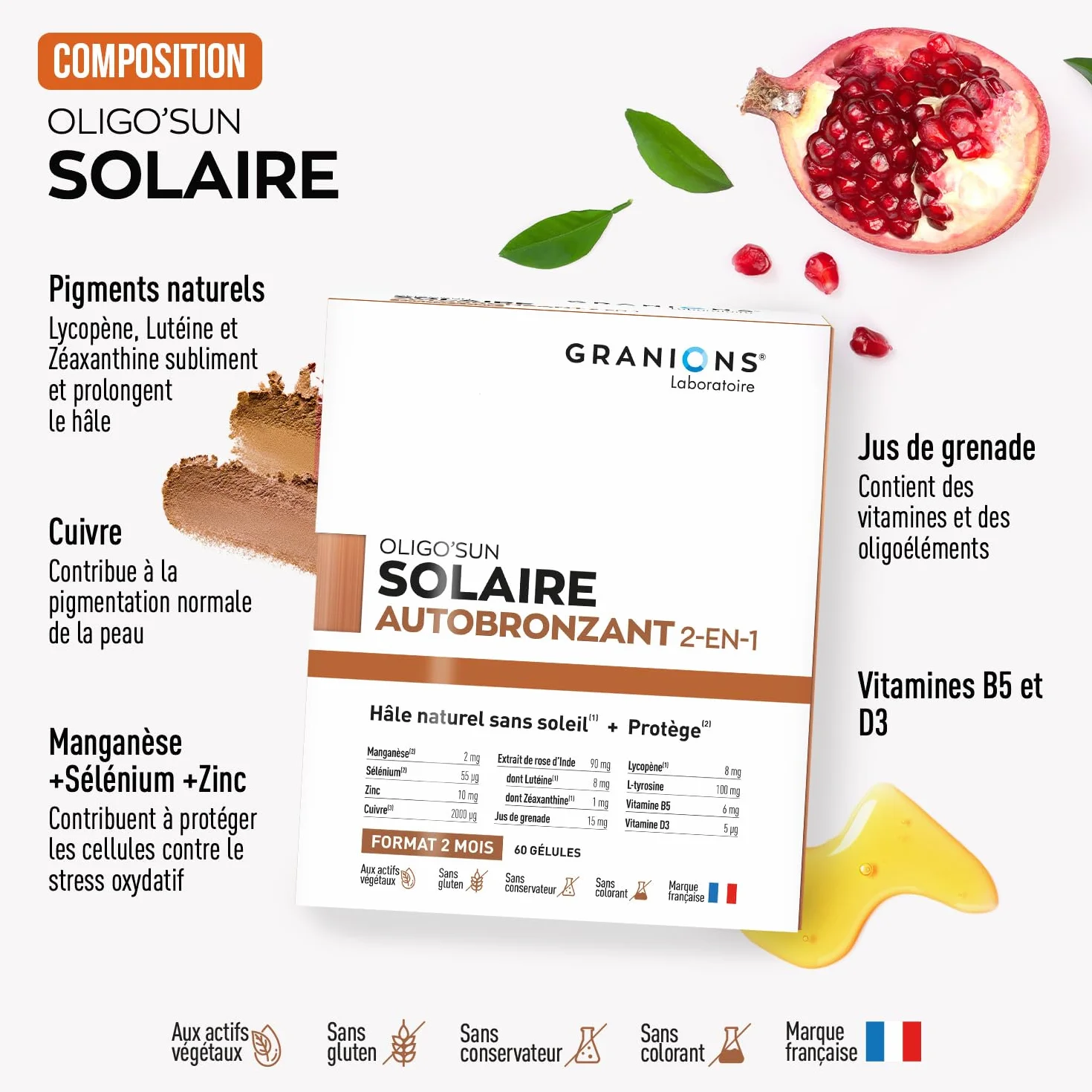 GRANIONS Bronzage Autobronzant Gélule 2-en-1 Complément Alimentaire Accélérateur Bronzage 60 Gélules Made in France
