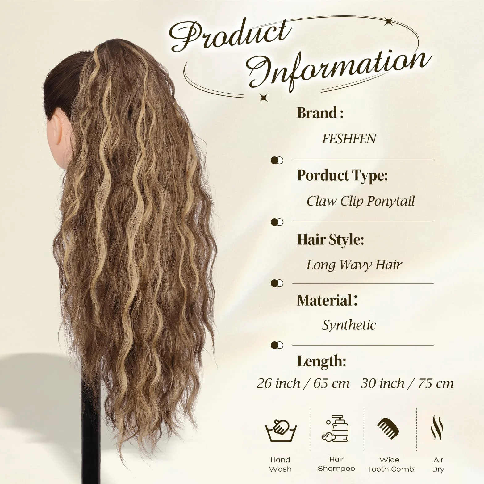 FESHFEN Ponytail Cheveux Naturel Pince Ponytails Extensions Longue Bouclée Ondulée Postiche Queue de Cheval Extension Blond Miel Mélangé Brun Clair Synthétique Rajout Cheveux pour Femmes 75 cm