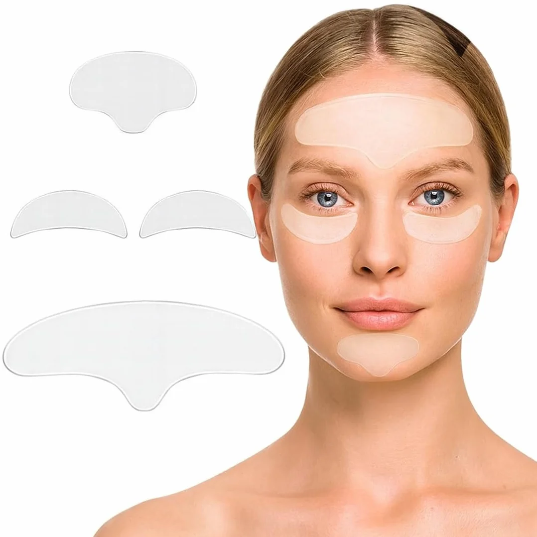 Patch Anti Rides Visage en Silicone Réutilisables 4 Pièces, Scotch Anti Rides pour Lisser le Front Yeux