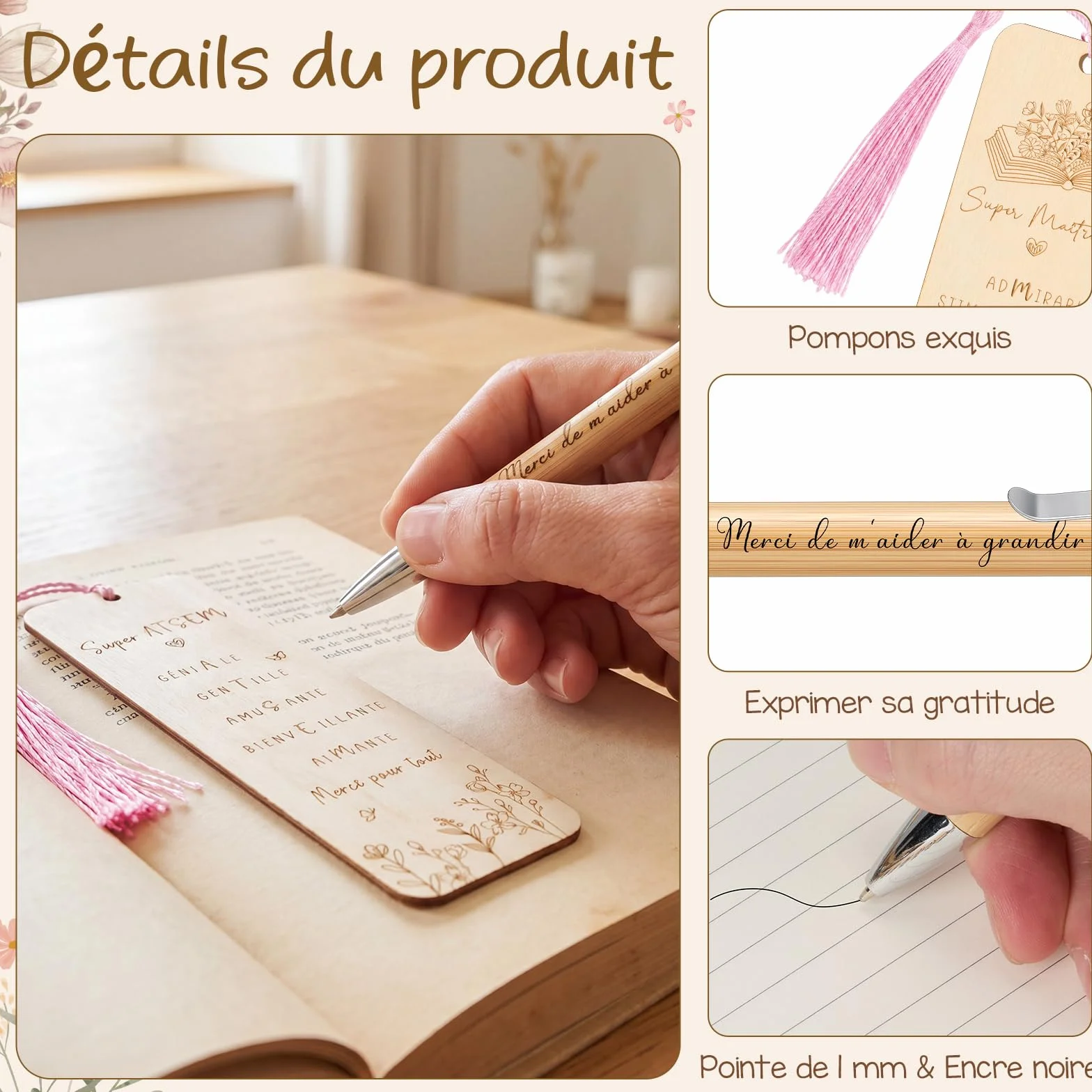 Photect Trousse à Maquillage Marque Page Maitresse en Bois avec Pompons Stylo à Bille Cadeau pour Atsem Noël