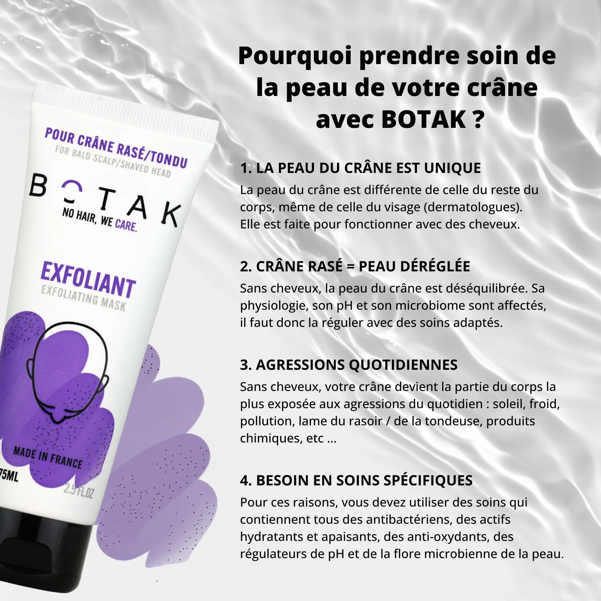 Masque Exfoliant Doux et Purifiant BOTAK Crâne Rasé et Chauve, Français | 99% d’origine naturelle, Vegan, Absorbe l’excès de sébum, limite boutons et poils incarnés, Régulateur de pH et microbiote