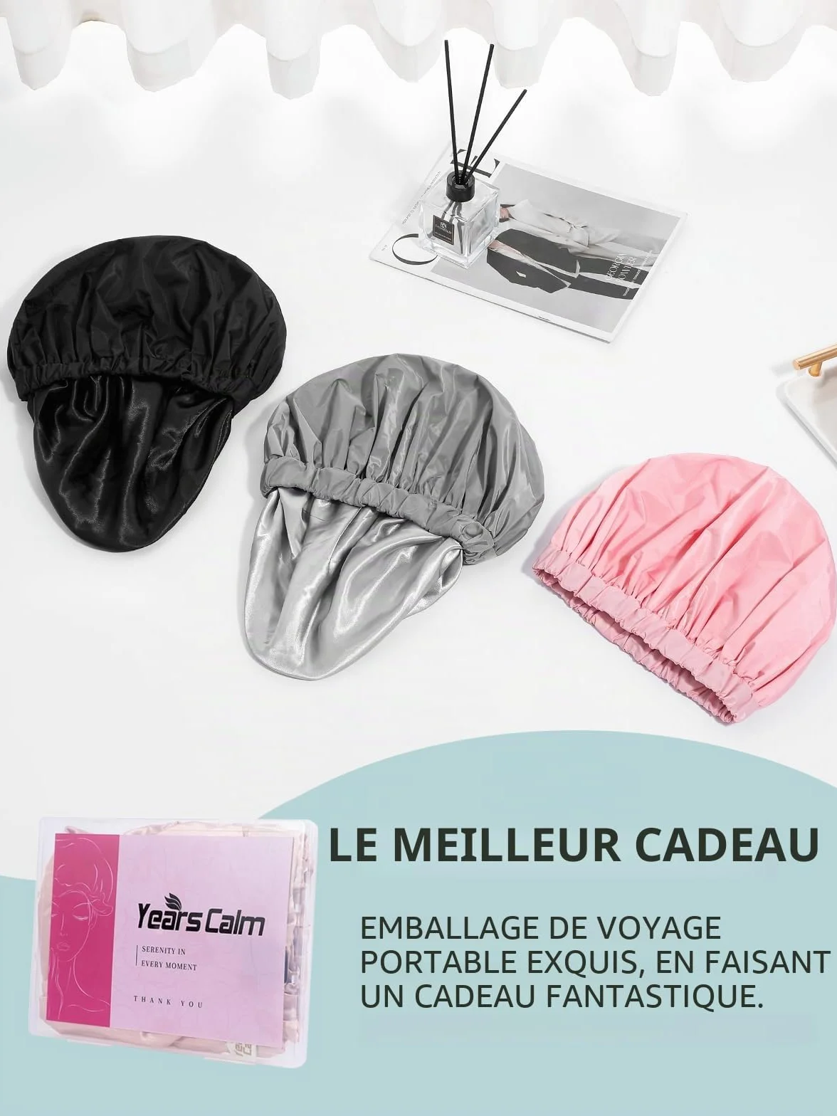 Bonnet de douche imperméable réutilisable pour femme, design élastique double couche, noir
