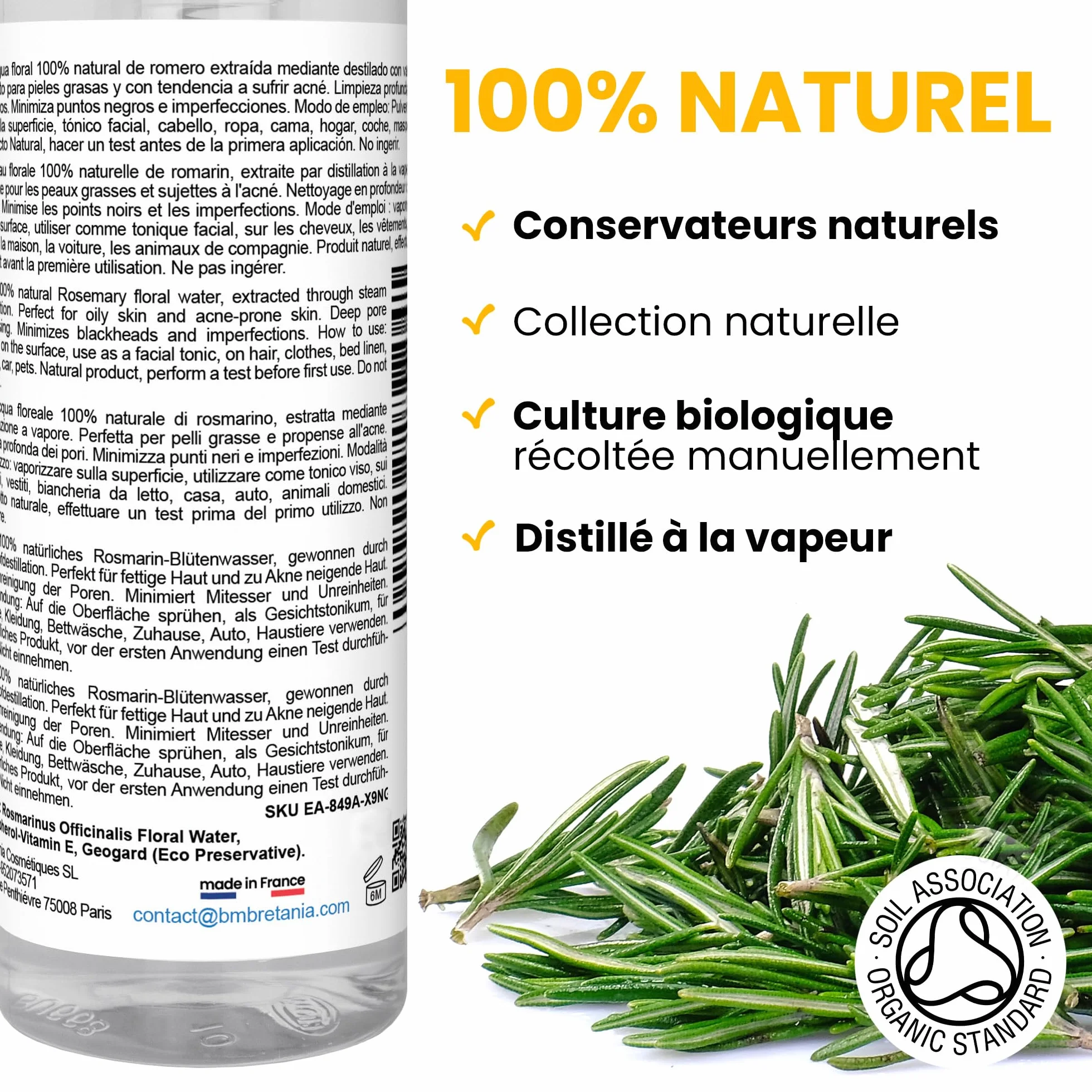 Hydrolat de Romarin, Équilibre Sébum, Stimule Croissance Cheveux, Antichute Capillaire, Spray Purifiant Visage, Anti Acne et Peau Grasse, 500 ml