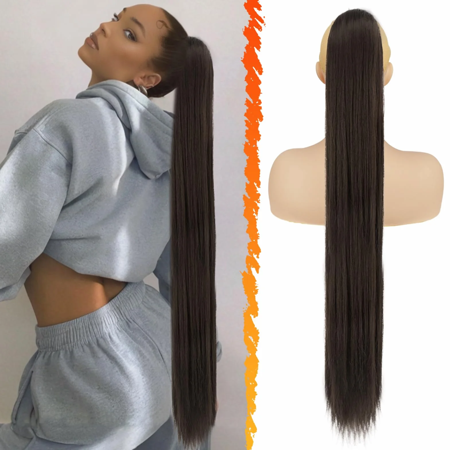 BARSDAR Queue de Cheval Extension avec Cordon, 86cm Longue Raides Queue de Cheval Extension Cheveux Synthétique Faux Ponytail Postiche Clip in Ponytail pour Femmes Quotidienne - Brun Foncé