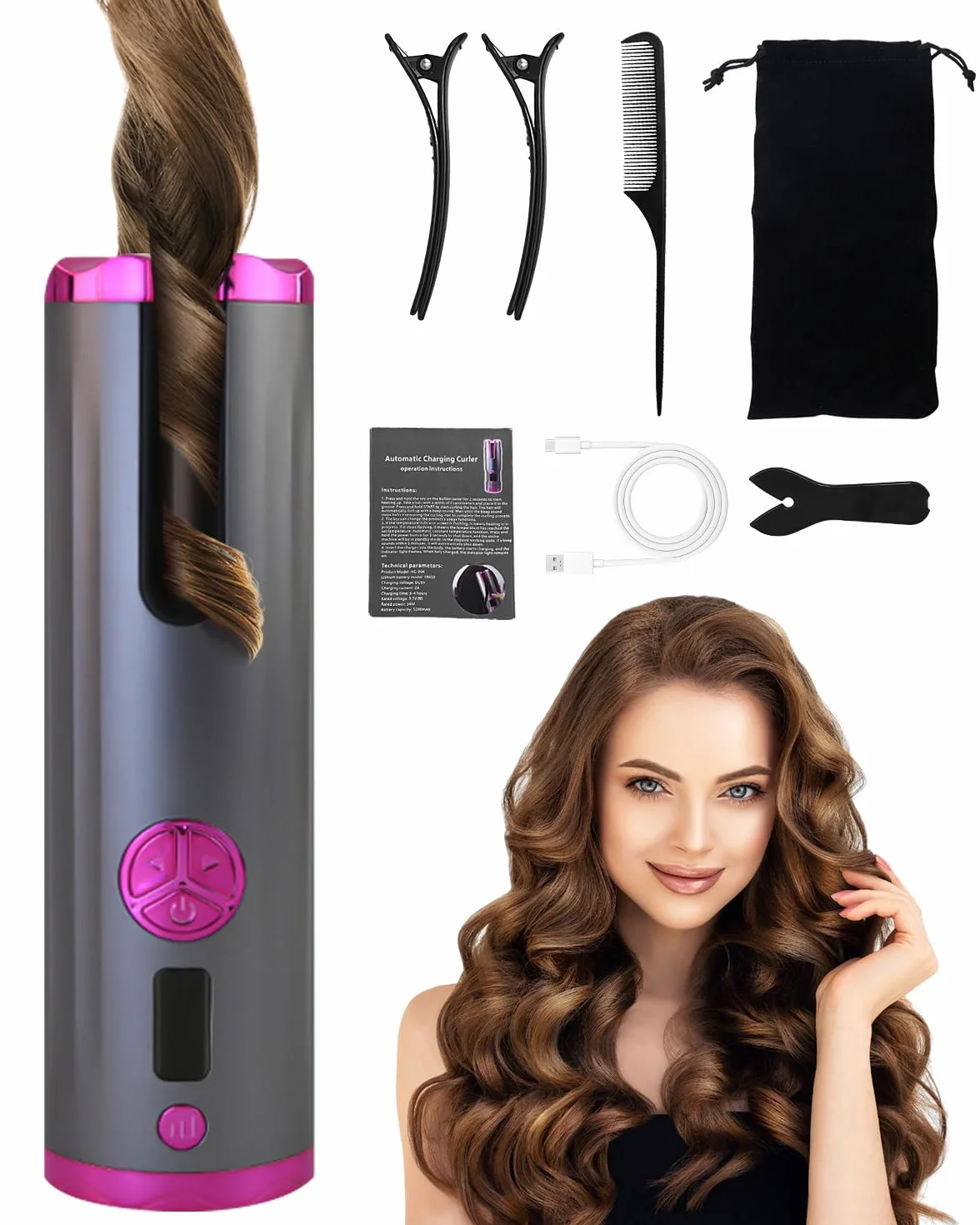 Fer a Boucler Cheveux Automatique Sans Fil Fer a Friser 5200mAh USB Rechargeable a Friser avec 6 Réglages de Température & Minuteur, Boucleur Anti-Brûlure Chauffage Rapide pour Cheveux Longs Courts
