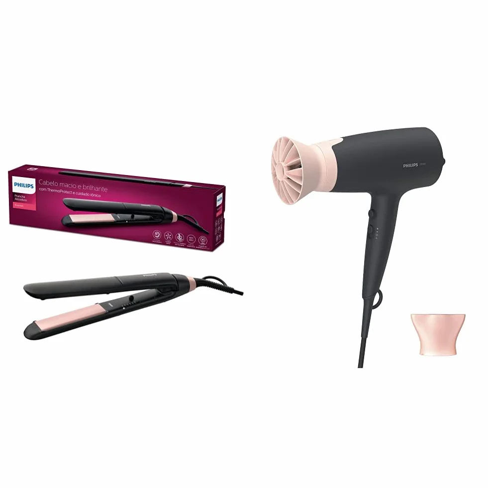 Lisseur ThermoProtect Philips StraightCare Essential (Modèle BHS378/00) & Sèche-cheveux Philips Séries 3000 avec l’accessoire ThermoProtect (Modèle BHD350/10)