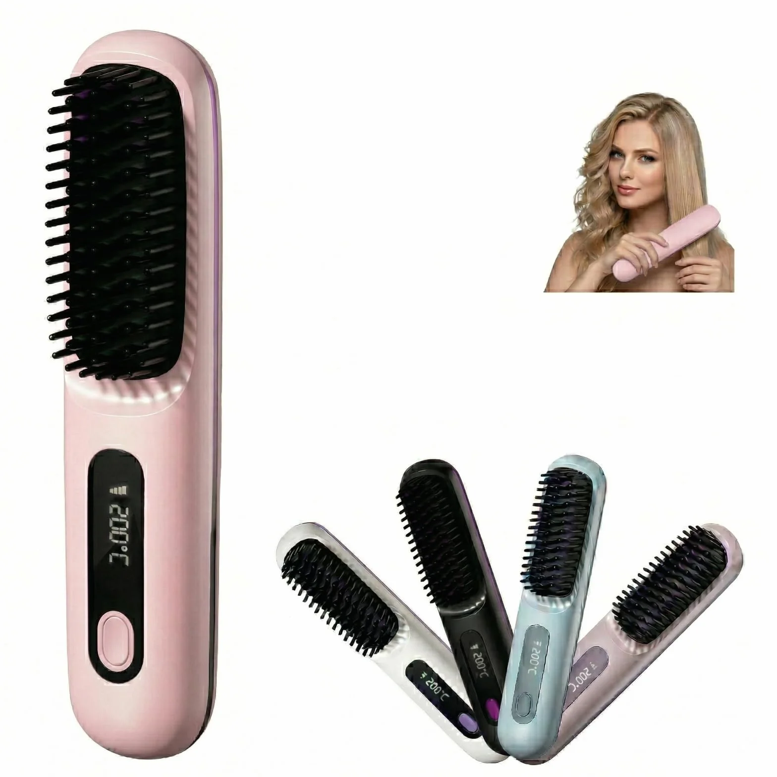 Brosse Lissante Rechargeable Sans Fil Portable pour Cheveux Courts et Longs, Volume Naturel, Design Compact (Rose)