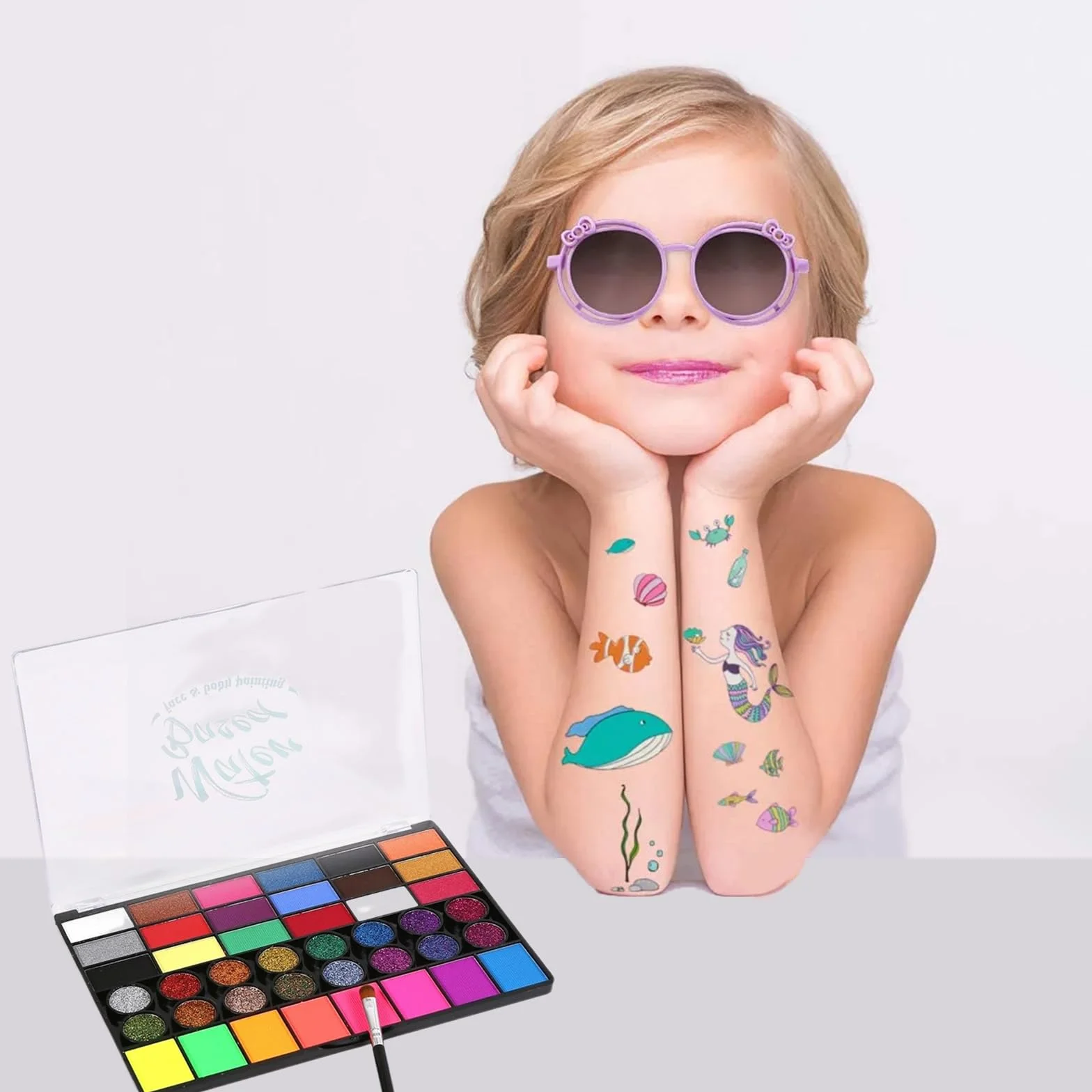 Palette Maquillage Enfant 42 Couleurs, Peinture Corporelle Visage avec 10 Pinceaux, 8 Pochoirs, 4 Éponges, Autocollants & Strass, Idéal Carnaval, Anniversaire, Halloween