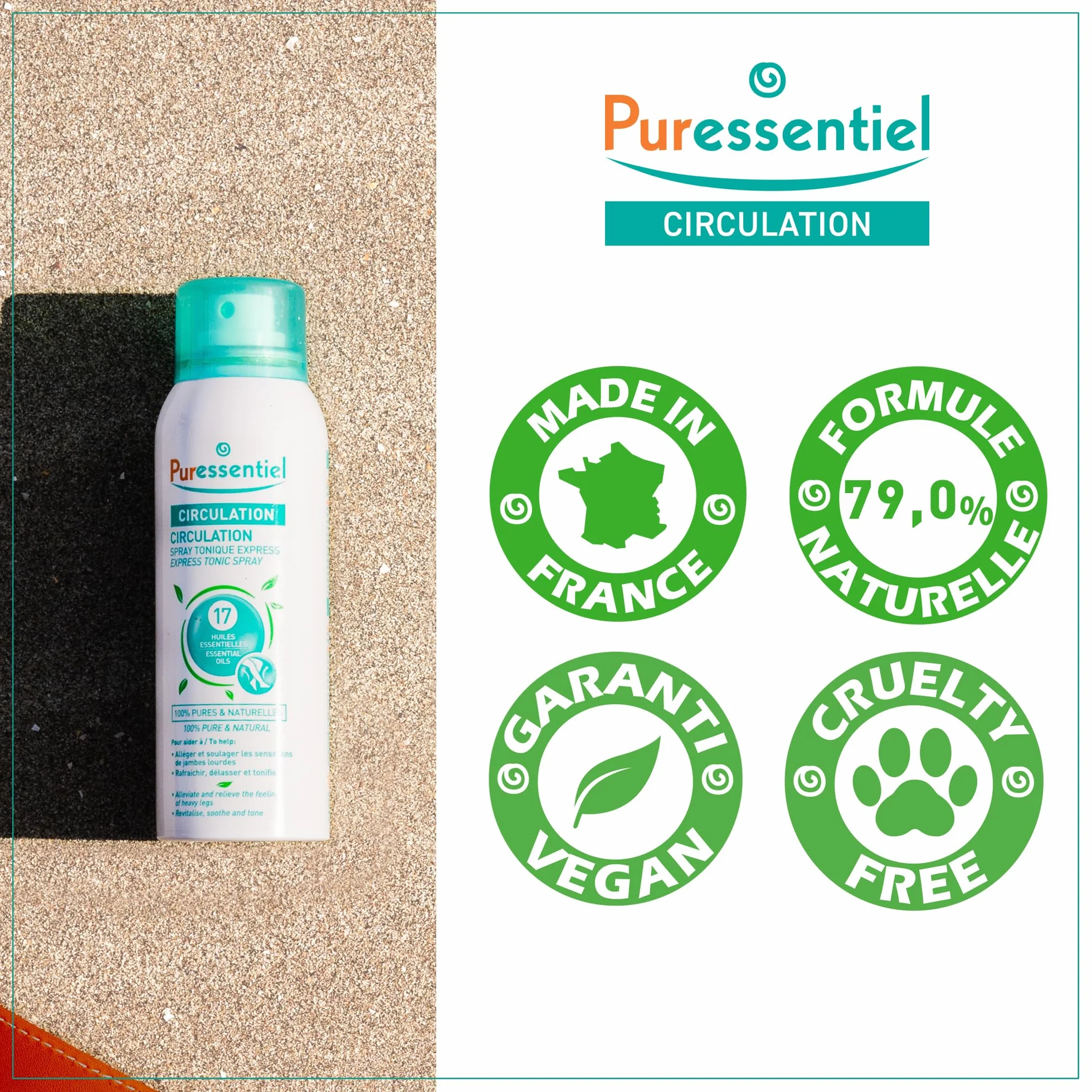 Puressentiel Circulation Spray 17 Essential Oils 100 ml Cooling Spray Heavy Legs Relief Swollen Ankles Feet