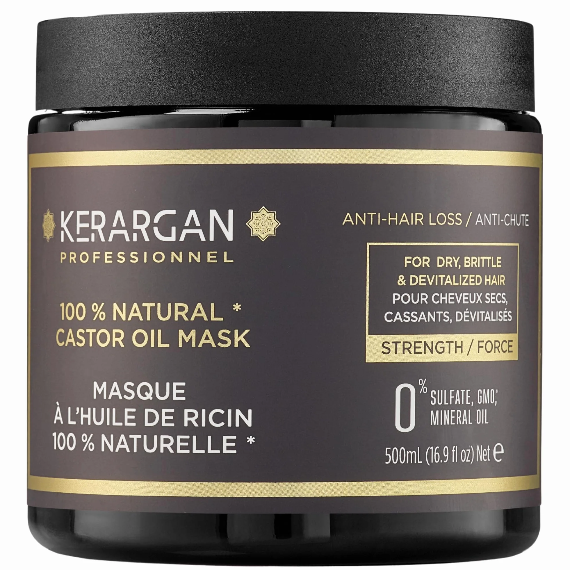 Kerargan Masque Capillaire Anti-Chute à l'Huile de Ricin Soin Intensif Cheveux Secs Cassants 500ml