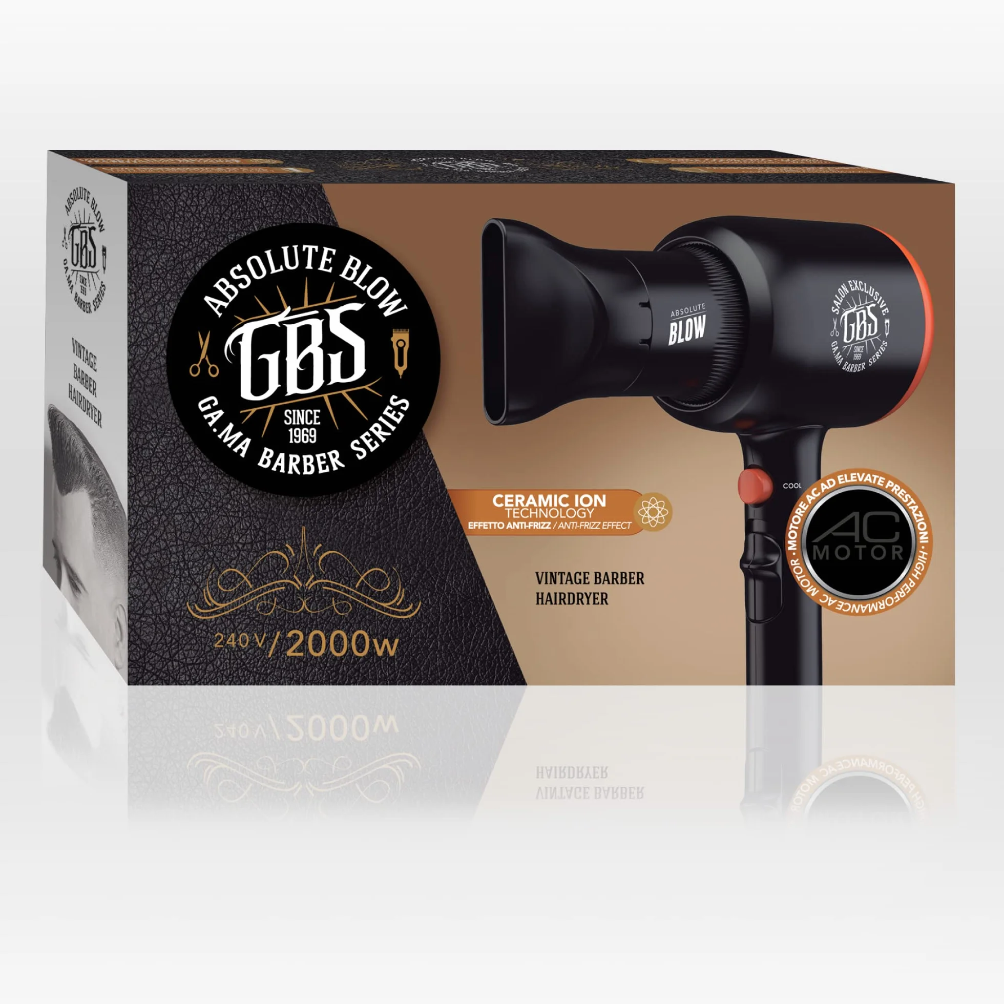 GA.MA Italy Professional, GBS Absolute Blow Dryer, Moteur AC 2000W ultra-compact, revêtement céramique pour des cheveux brillants et sans frisottis, noir