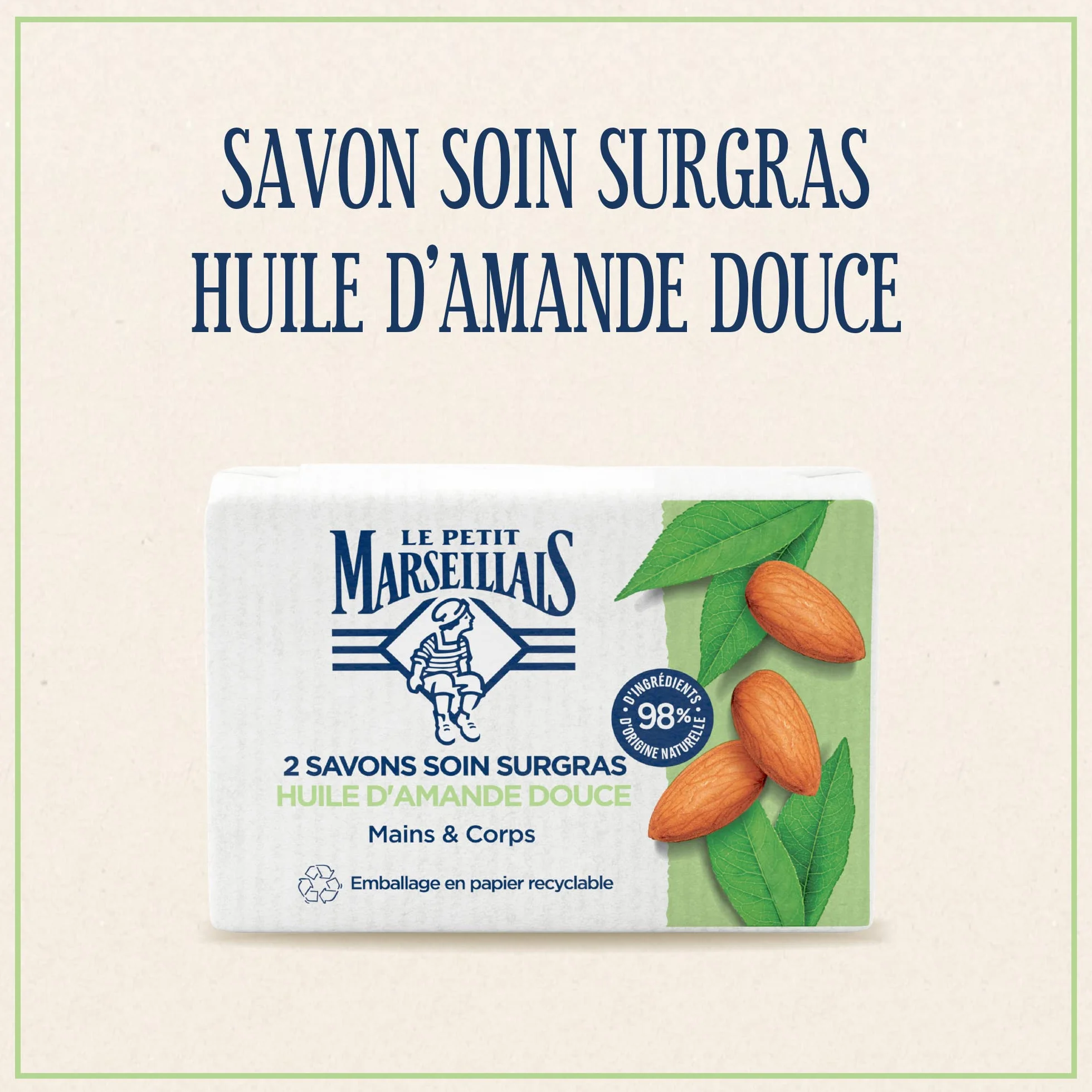 Le Petit Marseillais Savon Soin Surgras Huile d'Amande Douce 2 x 100 g Savon Solide Mains Corps 98% Ingrédients Naturels Emballage Papier Recyclable