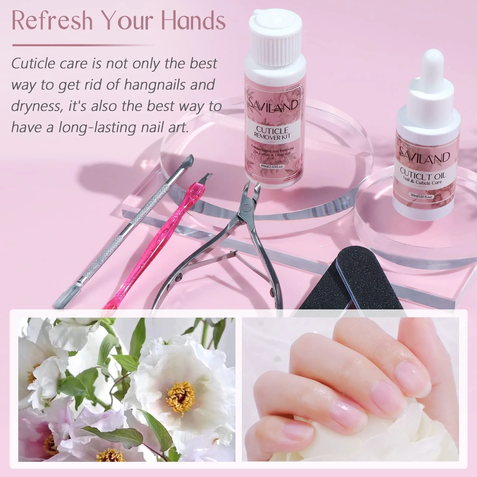 Saviland Dissolvant pour Cuticule 60 ml + Huile pour Cuticule 30 ml, Ramollit les Cuticules, Elimine Cellules Mortes