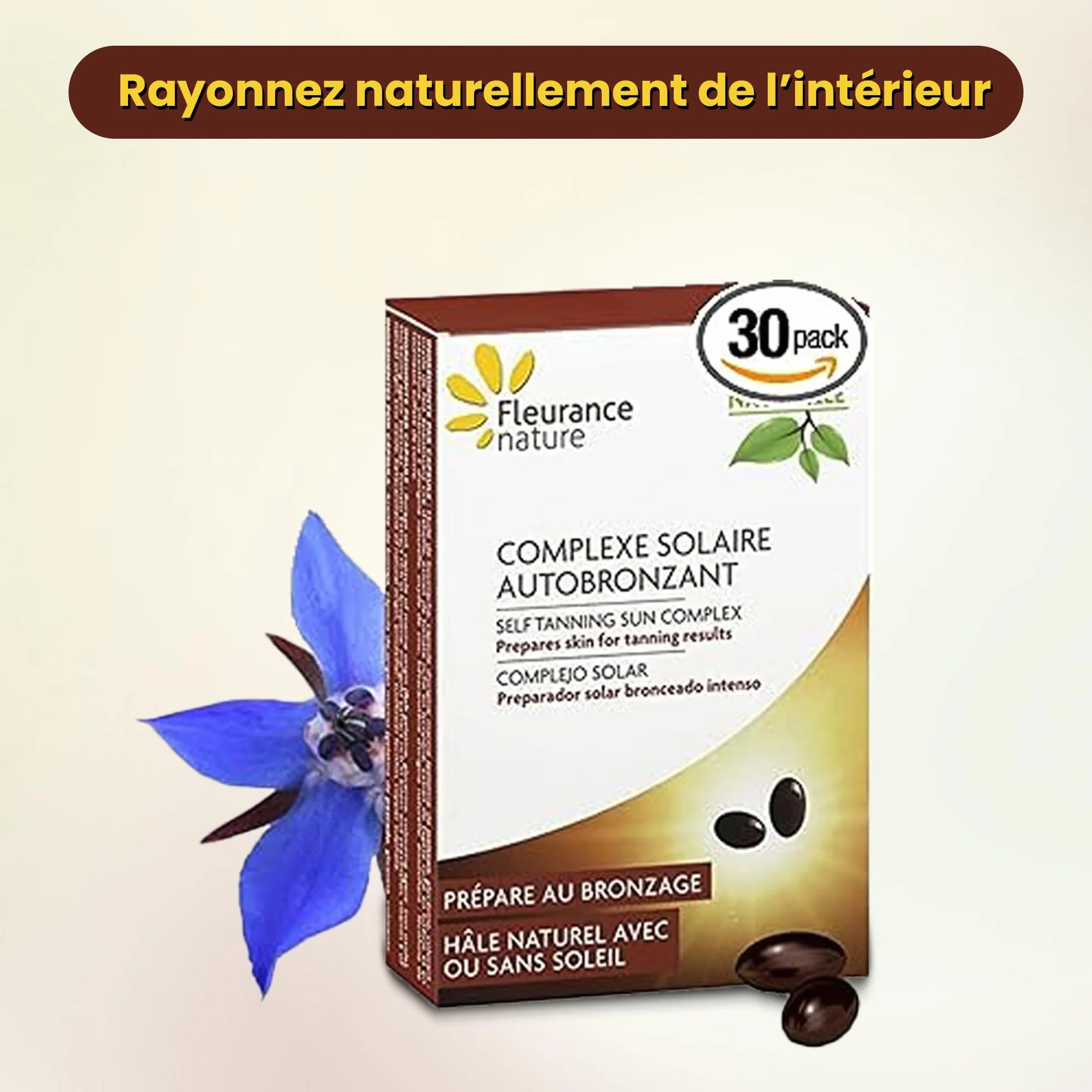 Fleurance Nature - Complexe Solaire Autobronzant Teint Hâlé Lumineux et Préparation Peau - Complément Alimentaire Antioxydant à l'Huile de Bourrache - Format 2 Mois