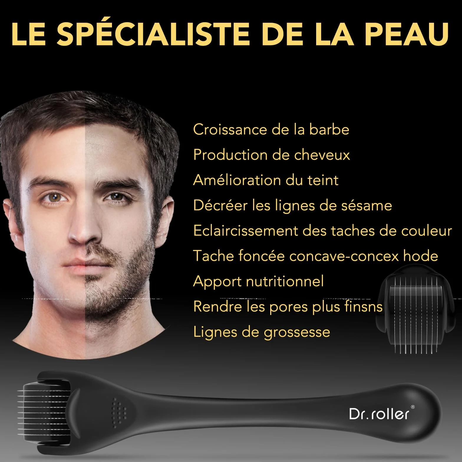 Derma Roller Cheveux Barbe 540 Aiguilles Titane 0.5mm Microneedling Rouleau