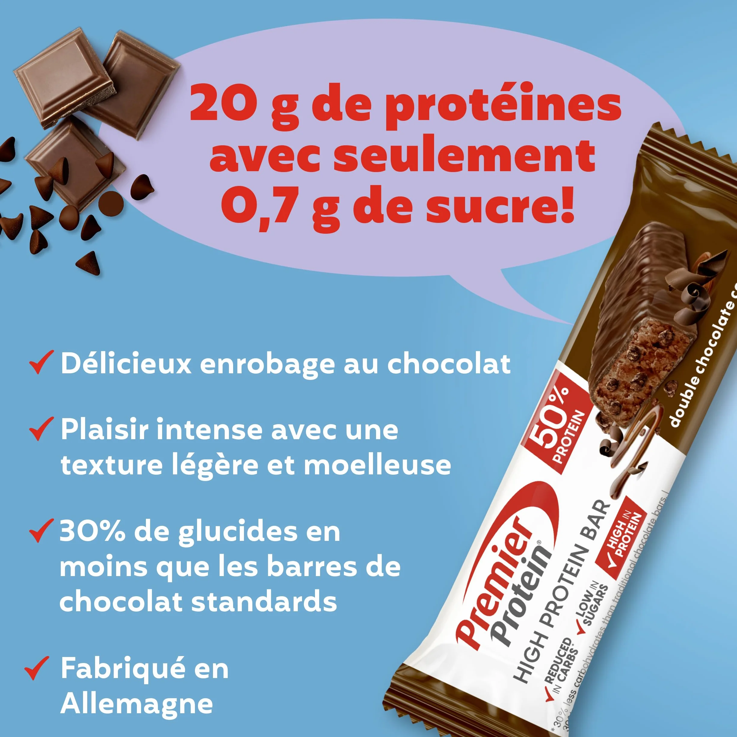 Premier Protein High Protein Bar Double Chocolate Cookie 16x40g Low Sugar Riegel Palmölfrei