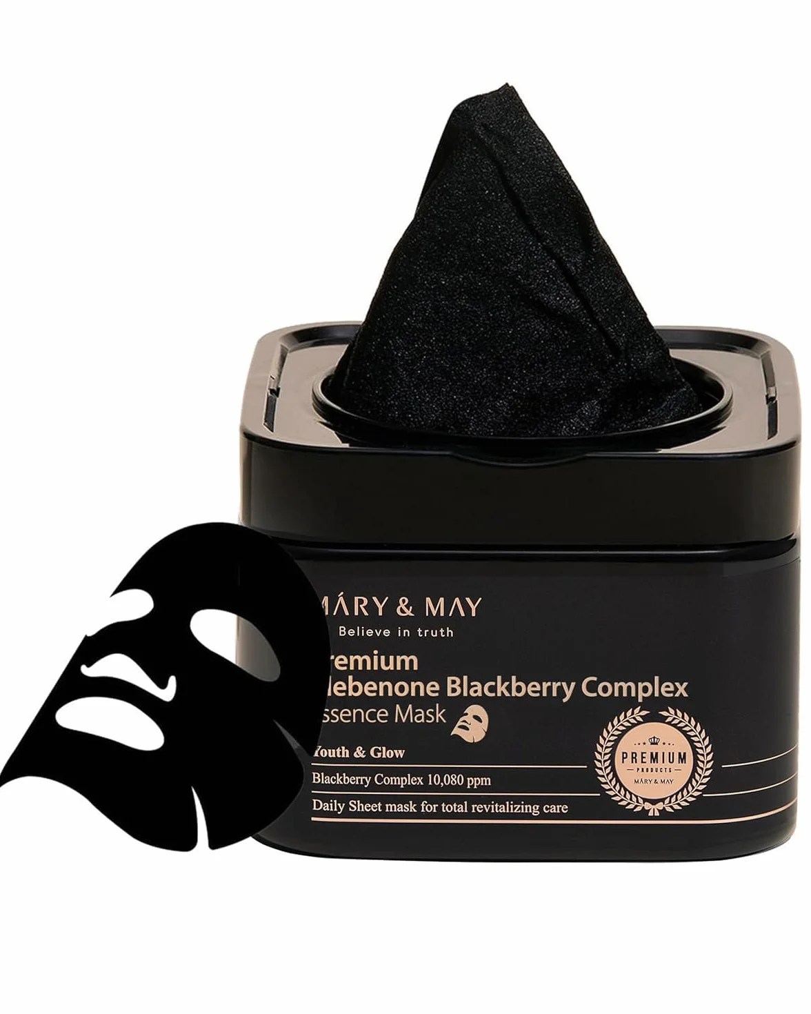 Mary&May Masque Essence Premium à l’Idébénone et à la Mûre | Masque Visage Coréen Anti-Âge à Distributeur Rapide | Vitamine C, Panthénol et Céramide, 20 Feuilles/250g