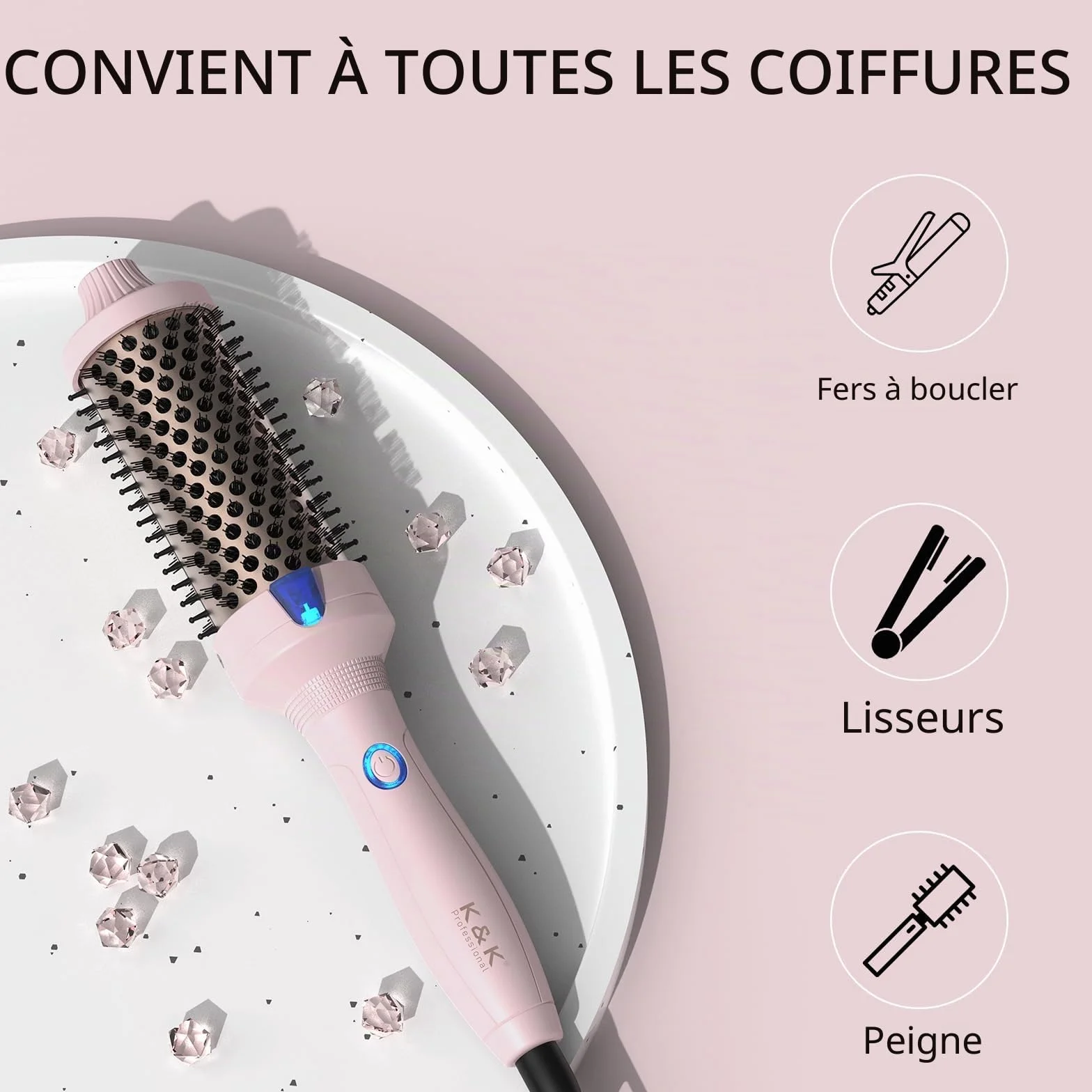 K&K Brosse thermique Keratin Thermal Brush Protect Tonneau chauffant Brosse à cheveux chaude ionique lisse Peigne volume Lisseur Bigoudis Outil de coiffage, Double tension (45 mm)