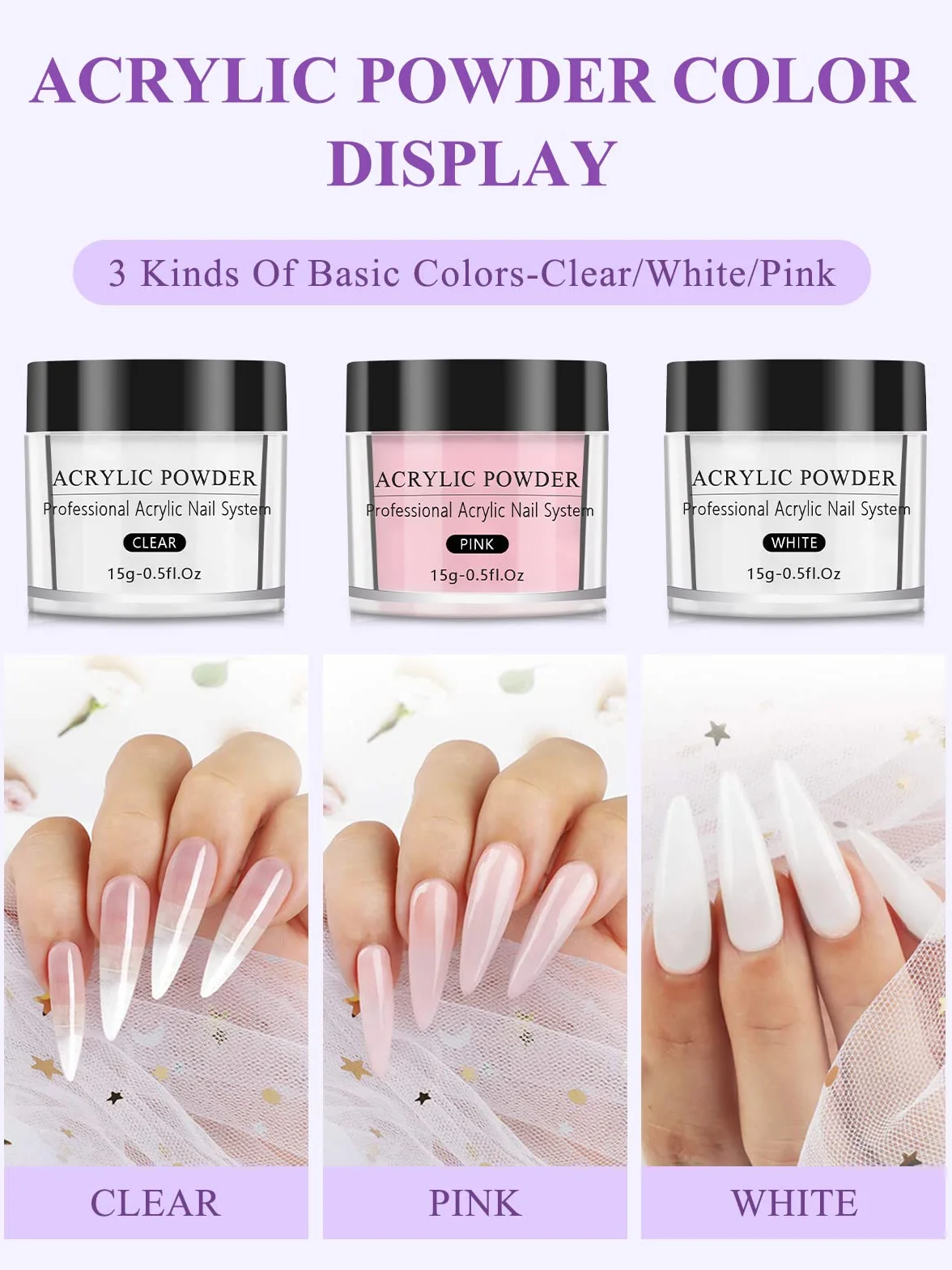 Yokilly Poudre Acrylique Pour Ongles: 30G Kit Avec Transparent Rose Blanc Résine - Professionnel Avec 100 Pièces Faux Ongles