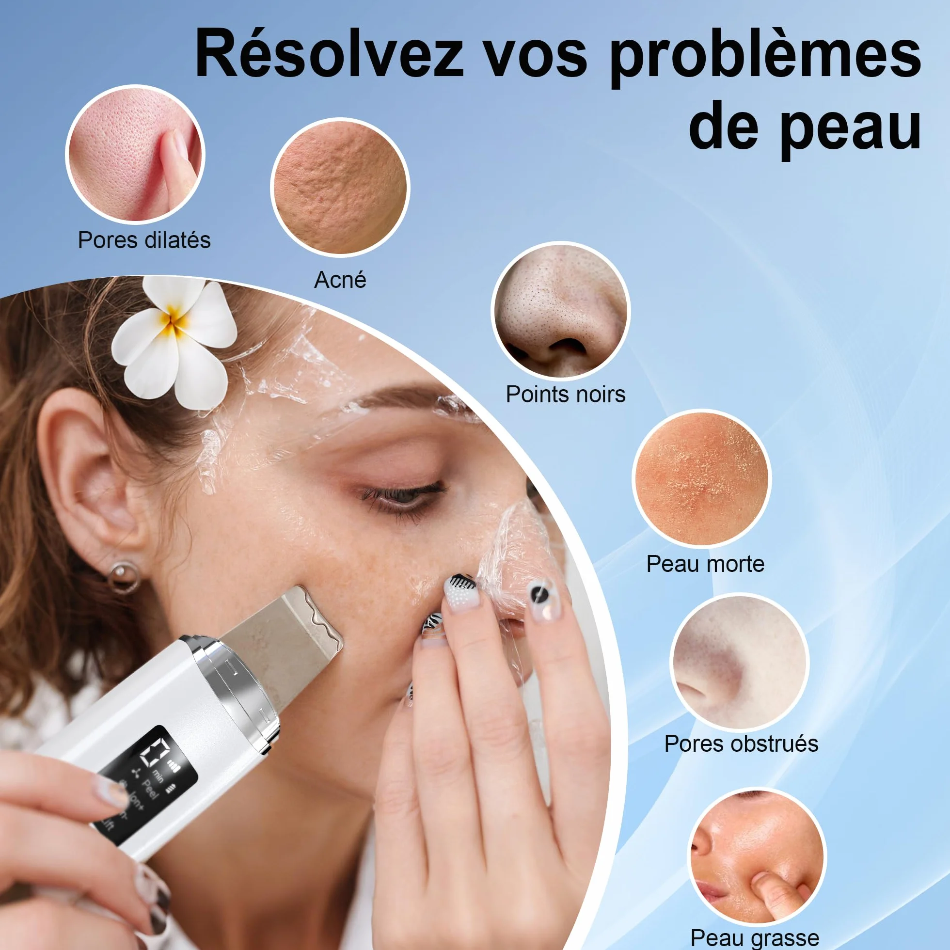 Épurateur de Peau à Ultrasons, Épurateur Visage Skin Scrubber avec 4 Modes et Intensité Réglable, Lumière Rouge et Bleue, Appareil de Nettoyage Exfoliant à Ultrasons