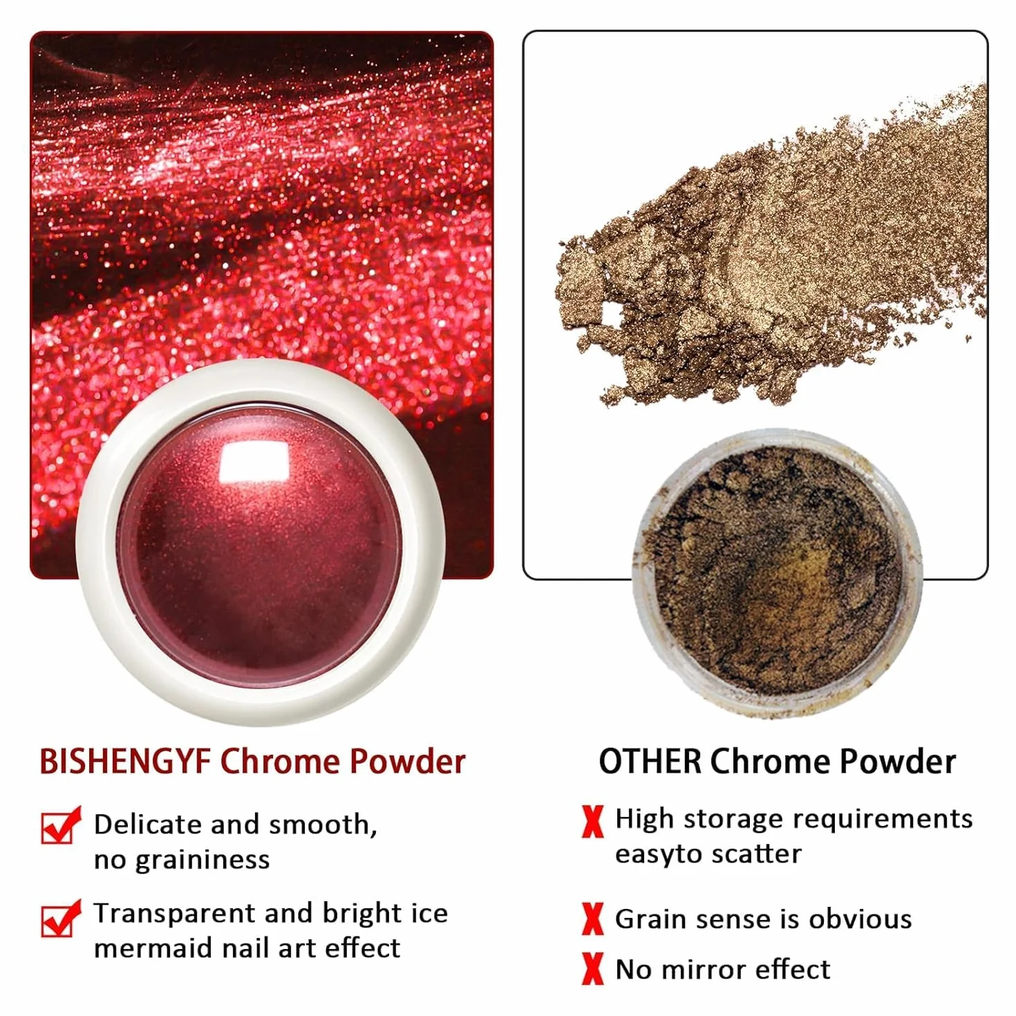 Rouge et Vert Poudre Chrome Ongle Rouge – Poudre Chromée Effet Miroir pour Ongles, Nail Art Chrome Pigment, Christmas Red Nail Powder