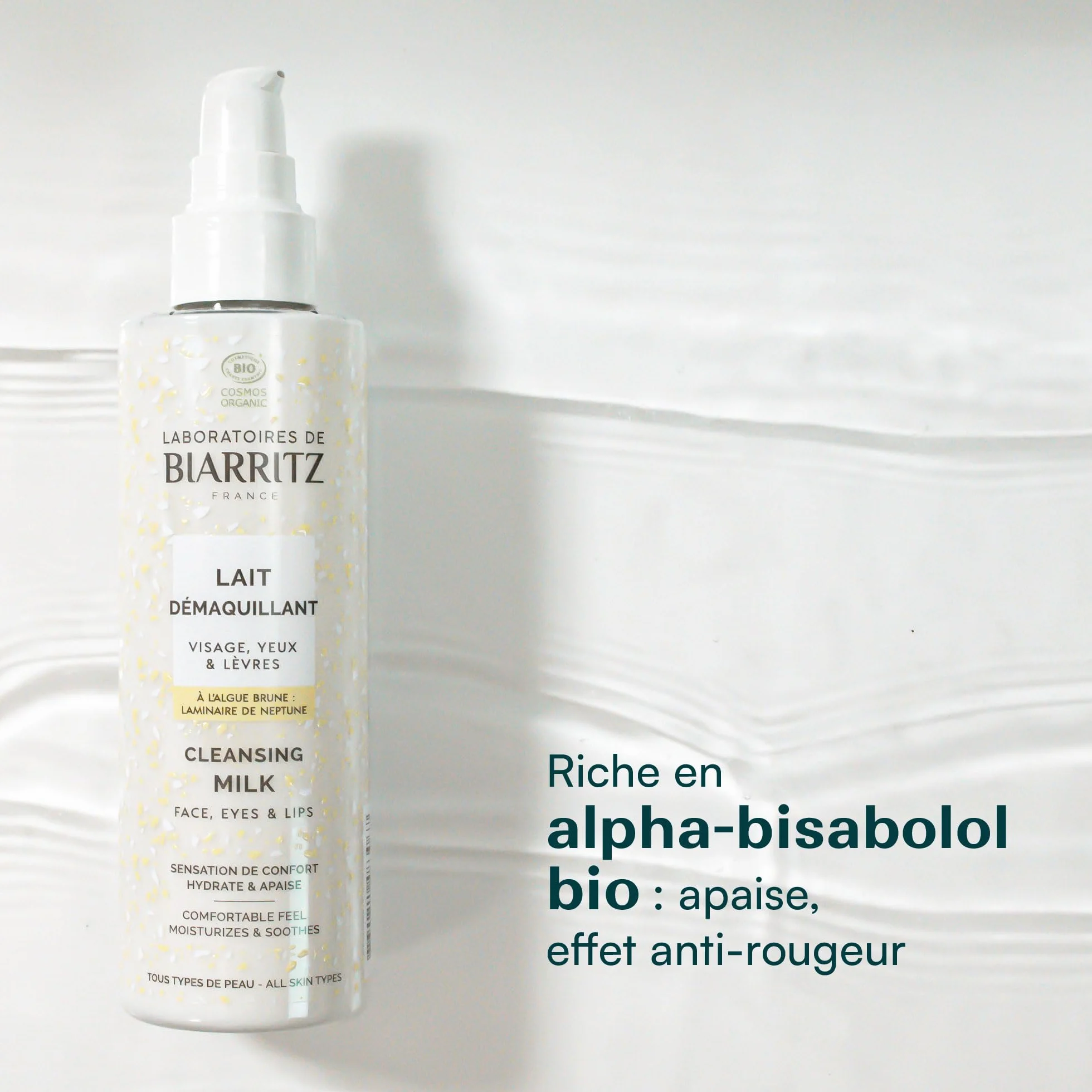 Laboratoires de Biarritz - Lait Démaquillant Visage, Yeux & Lèvres Certifié Bio - Hydrate et Apaise - Sensation de Confort - 200 ml - Fabriqué en France