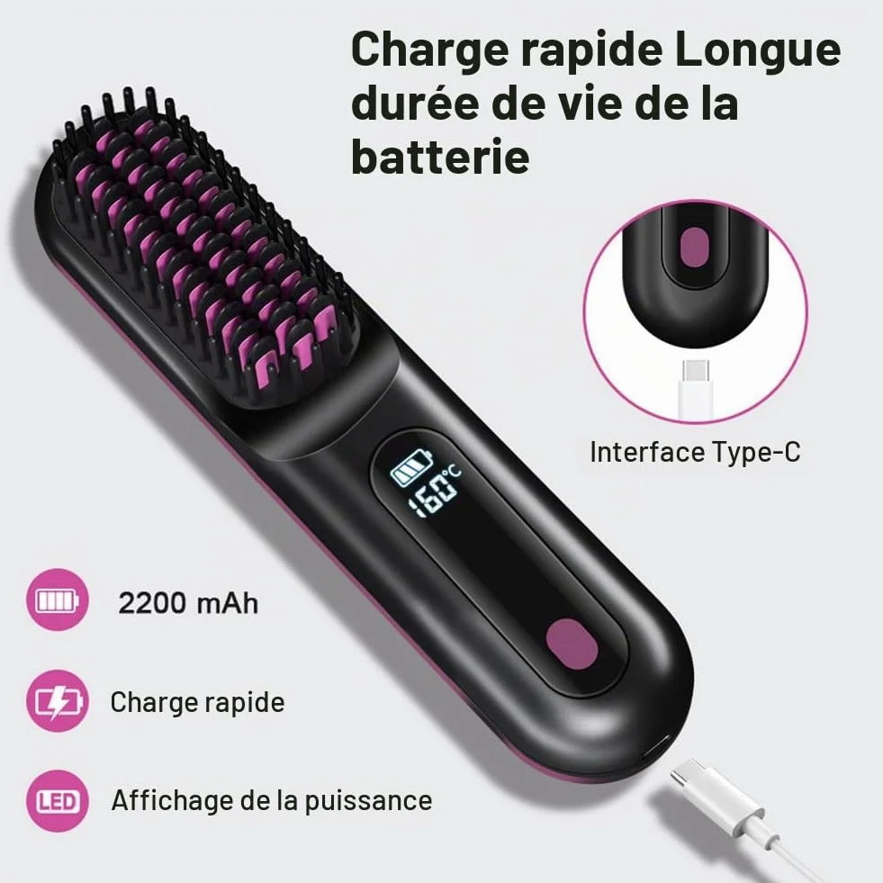 Brosse à Cheveux électrique sans fil Rechargeable Chauffante avec affichage LED 3 Niveaux de Température Lisser Boucler