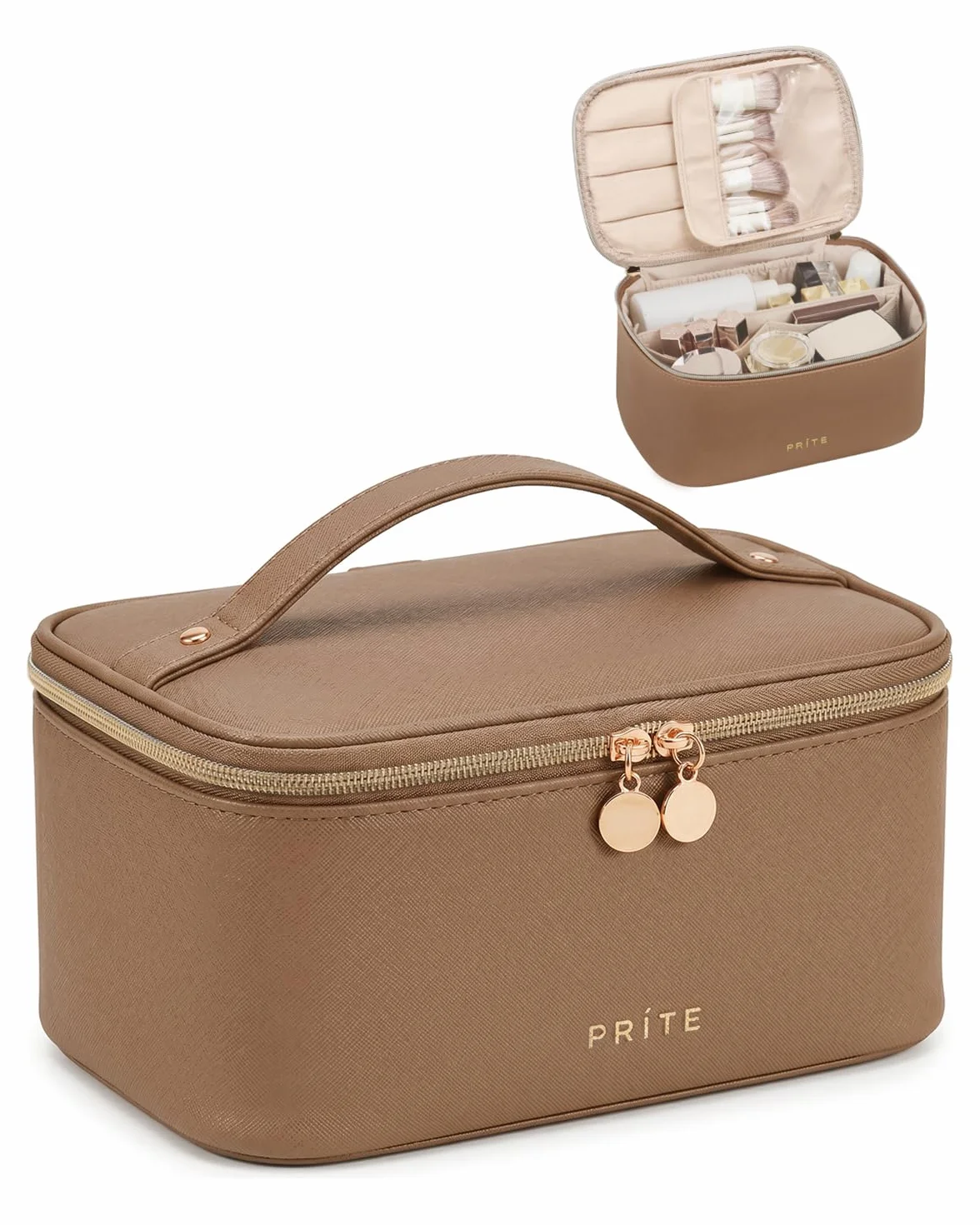 Prite Grand Trousse de Maquillage Femme Vanity Voyage Cuir Imperméable Poignée Séparateur Amovible Marron