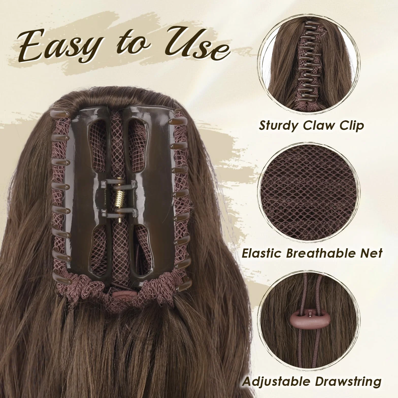 FESHFEN Extension Queue de Cheval avec Pince - Postiche Cheveux Naturel Ondulé Longue Ponytail Extensions Synthétique Fausse Rajout Postiches pour Femmes, 63 cm Châtain