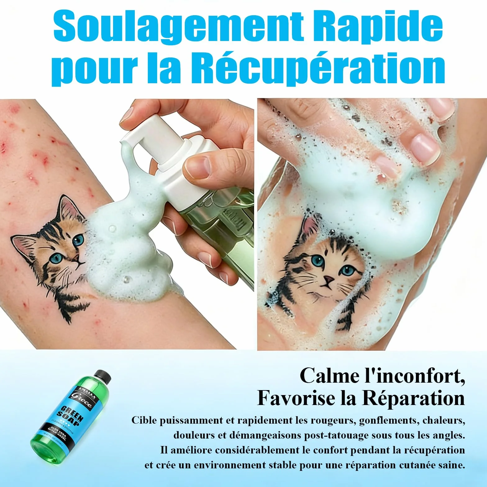 EMALLA 300 ml Tattoo Green Soap Ultra concentré avec flacon de lavage 250 ml - Nettoyant doux pour tatouage