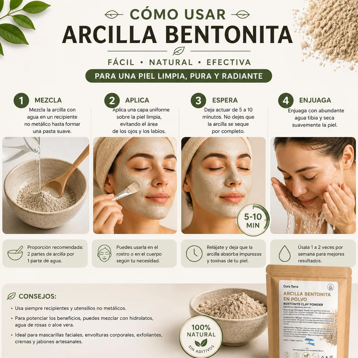 Poudre d'argile Bentonite 100 % Naturelle Argentine (100 g) pour masques faciaux et soins de la peau