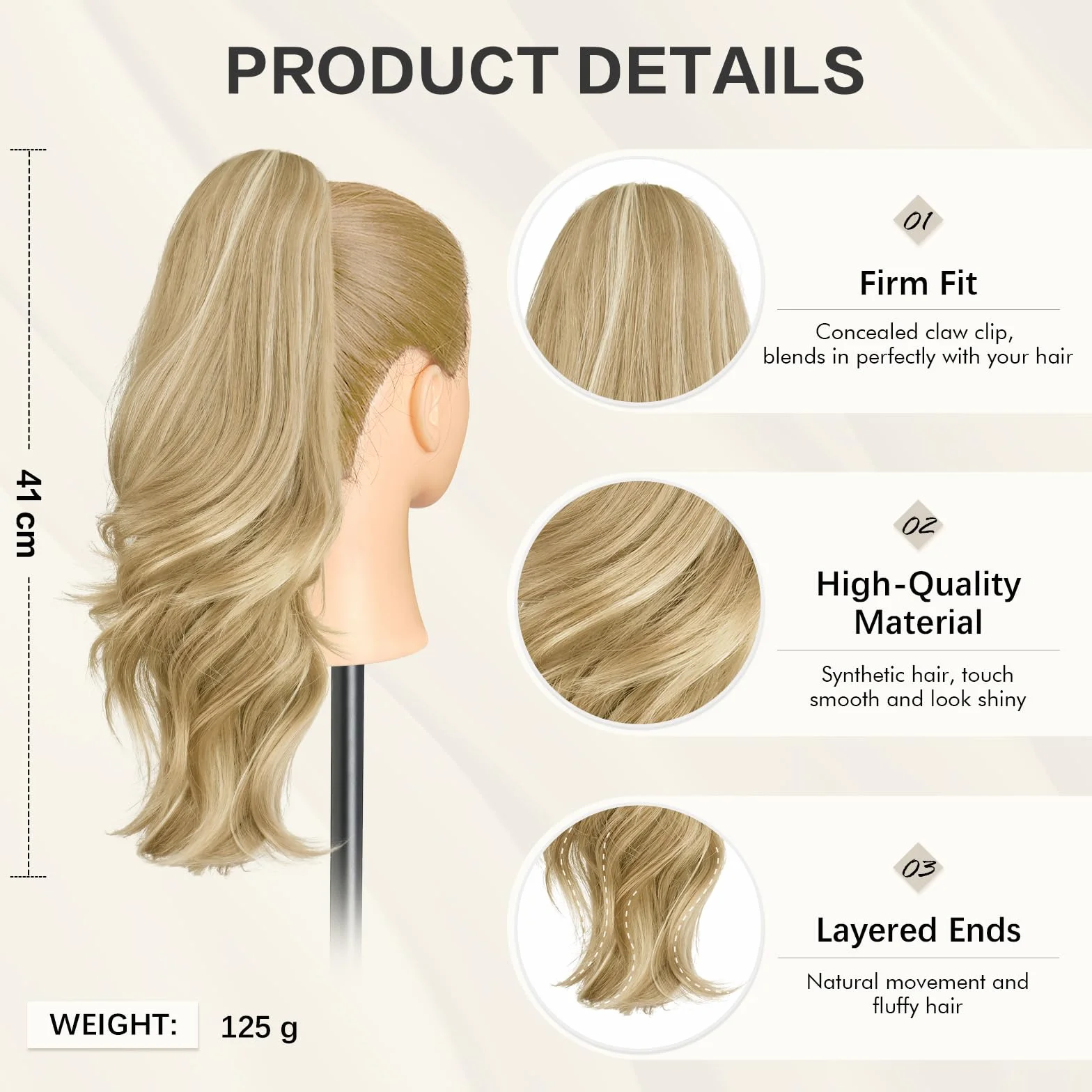 Sofeiyan Queue de Cheval Longue et Ondulée avec Pince, Extension de Queue de Cheval à Double Usage, 41 cm Synthétique Pince à de Ponytail Cheveux pour Femmes, Blond Miel avec des Mèches Blond Platine