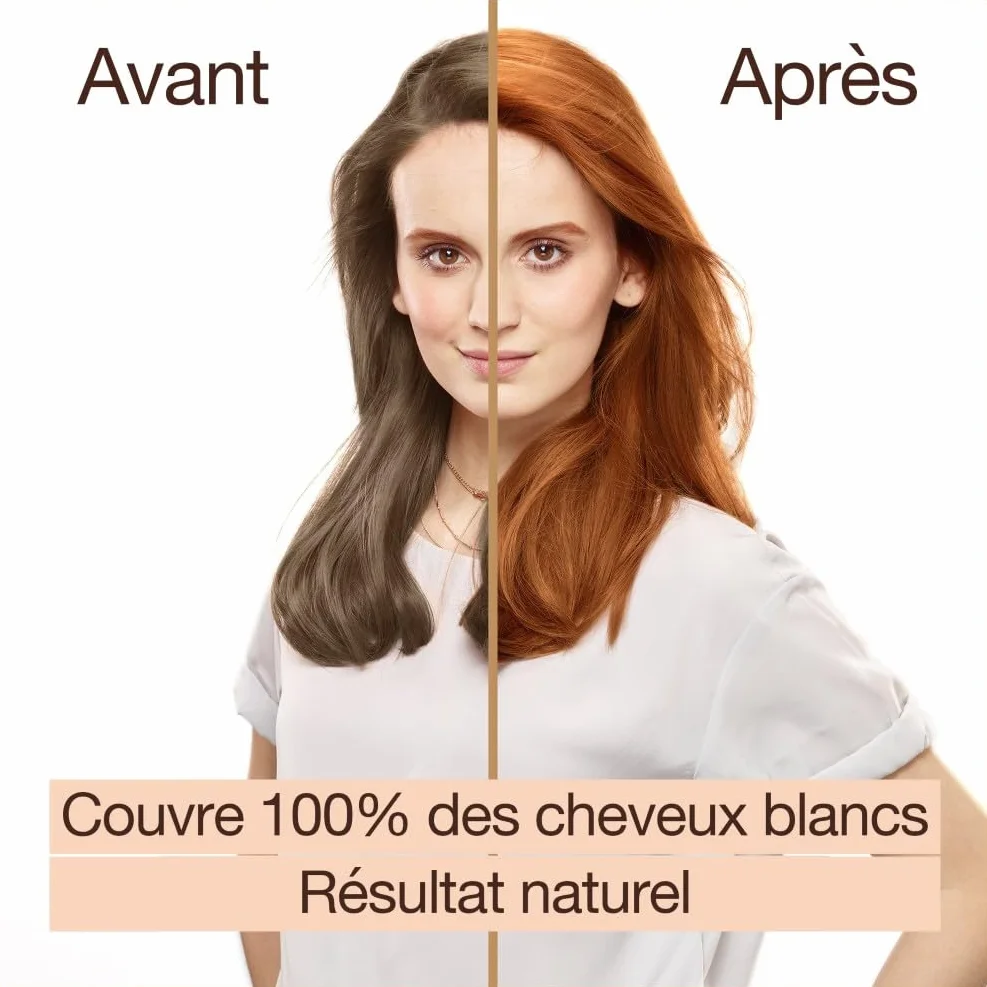 Garnier Coloration Permanente Sans Ammoniaque 90% Ingrédients Naturels Vegan Beurre de Karité 100% Couverture Cheveux Blancs Cuivré Épicé 7.43