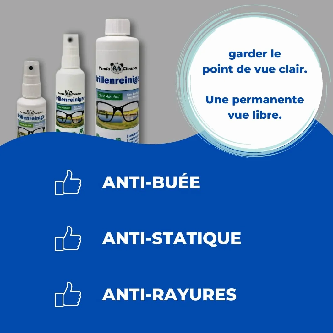 Pandacleaner Kit de recharge nettoyant lunettes 2 x 250 ml anti-buée sans alcool