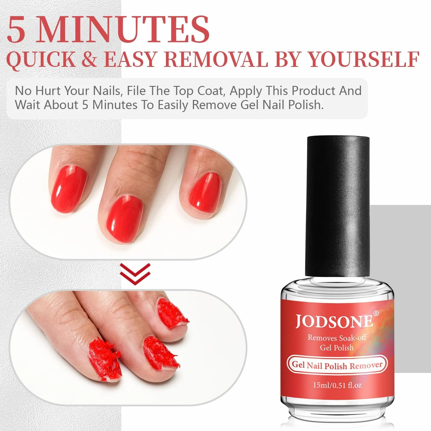 JODSONE 15ml Dissolvant Vernis Semi Permanent, Enlève le Vernis Gel en 3 à 5 Minutes
