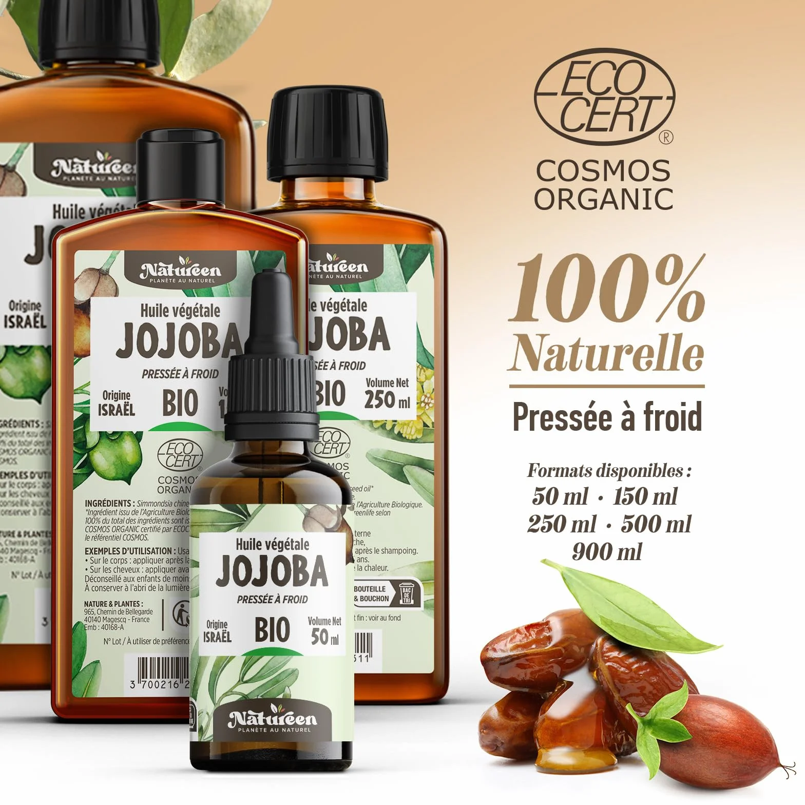 Huile de JOJOBA Bio 150 ml Cosmos Organic Planète au Naturel Pure Pressée à froid