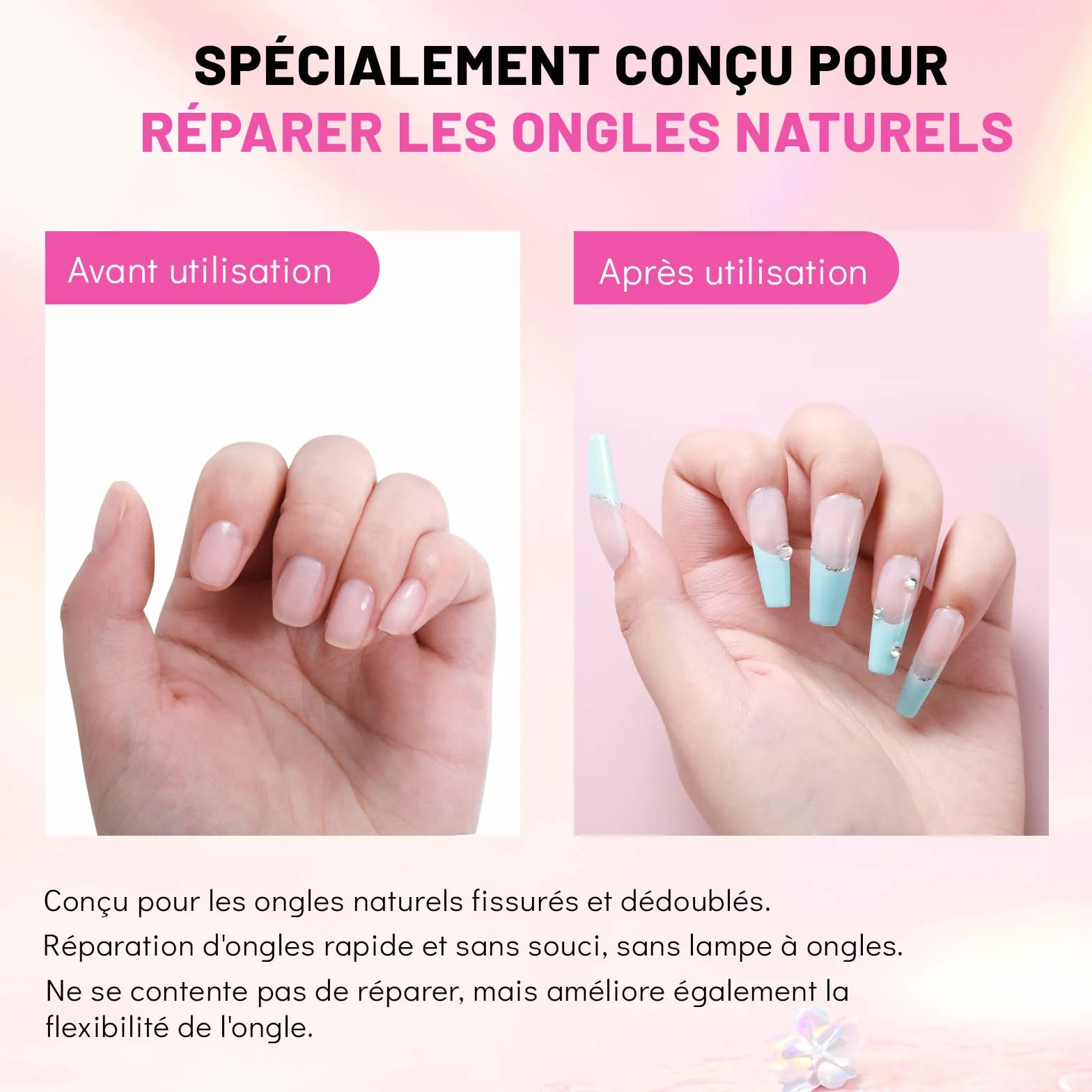 Aokitec Kit de poudre Dip Build 28 g avec colle de réparation pour ongles naturels cassés, séchage rapide à l'air libre
