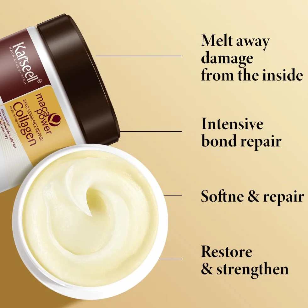 Karseell Collagen Masque Cheveux 500ml Maca Essence Huile d'Argan Réparation Profondeur Cheveux Secs Abimés
