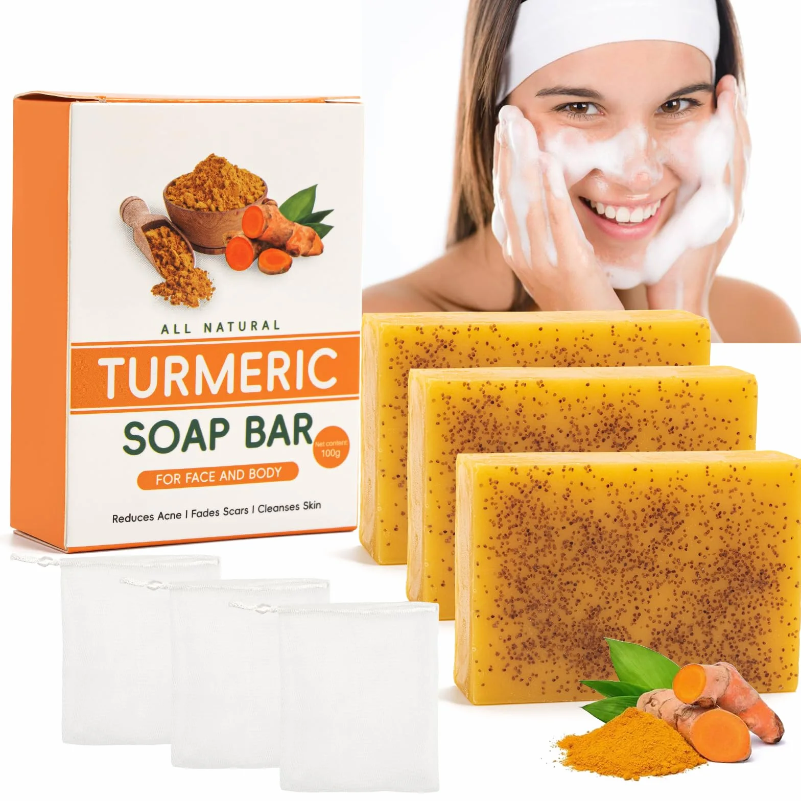 Savon Curcuma Visage Corps Kojic Acid Soap 3 Pièces pour Éclaircissant Peau
