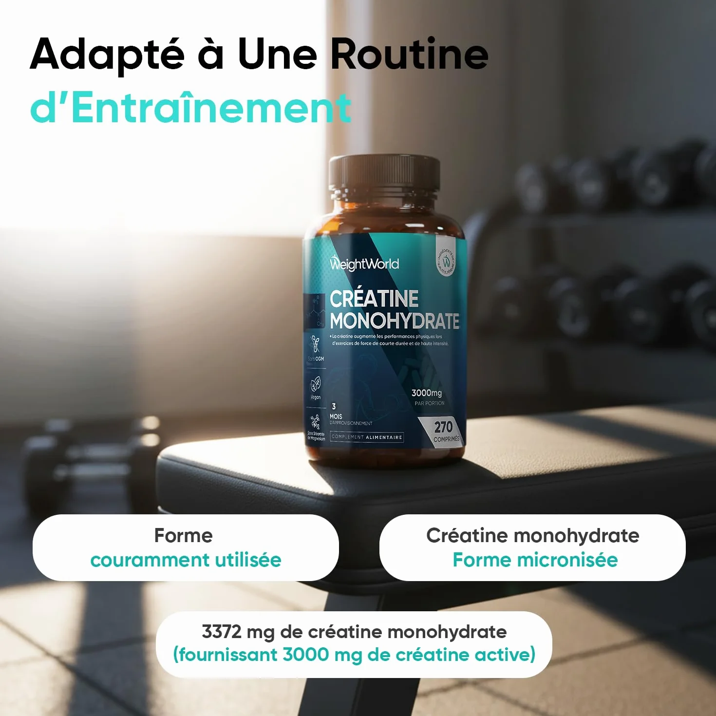 Creatine Monohydrate 270 comprimés Vegan 3000mg par Portion 3 Mois d'approvisionnement sans OGM