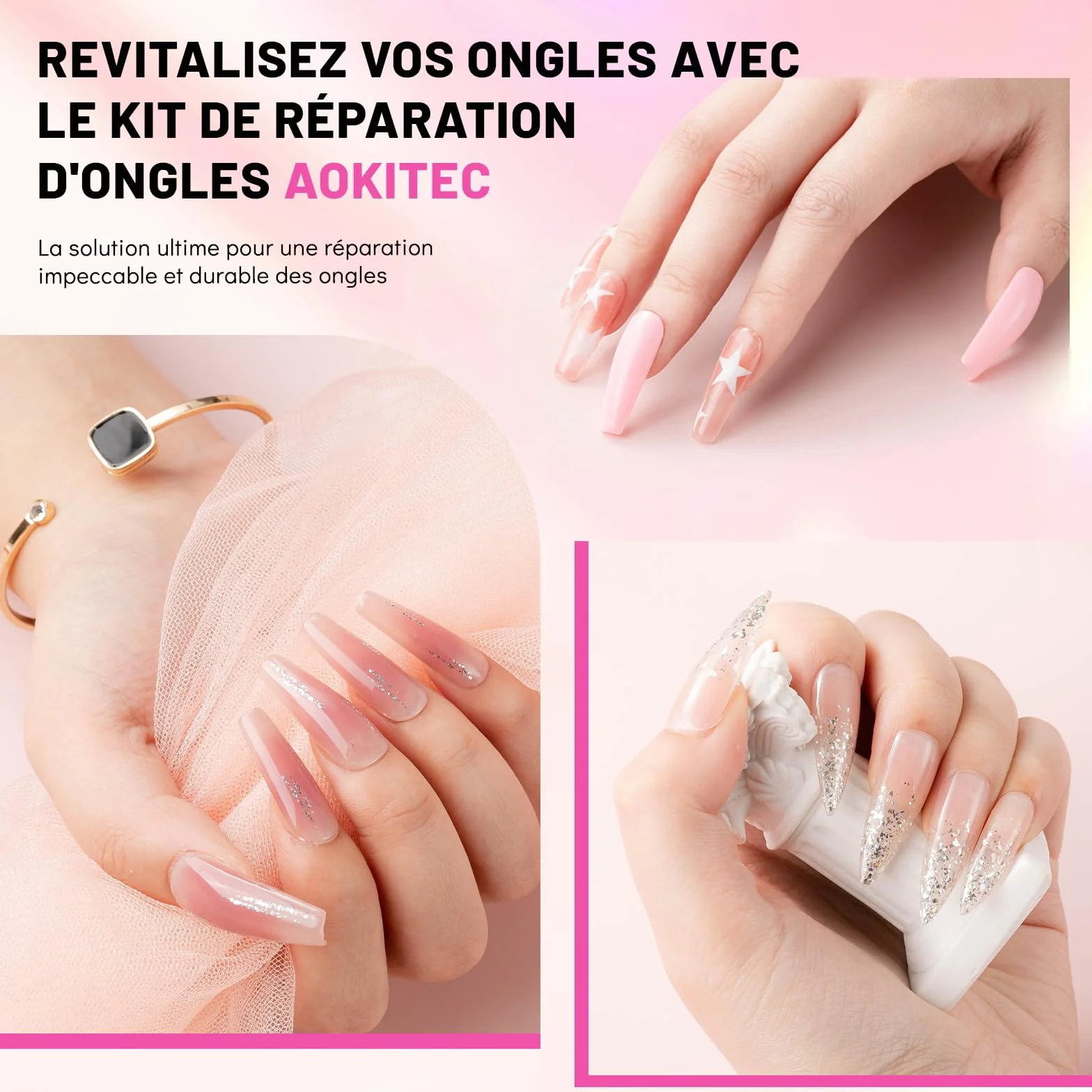 Aokitec Kit de poudre Dip Build 28 g avec colle de réparation pour ongles naturels cassés, séchage rapide à l'air libre