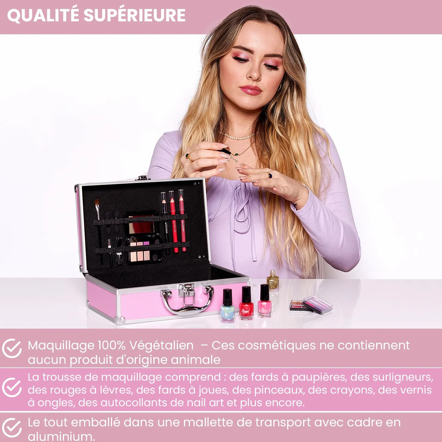 LOVE URBAN BEAUTY Végétalien Trousse maquillage rose vif - Kit maquillage 82 pièces adolescentes et femmes avec ombres à paupières, fards, rouges à lèvres et produits pour les ongles