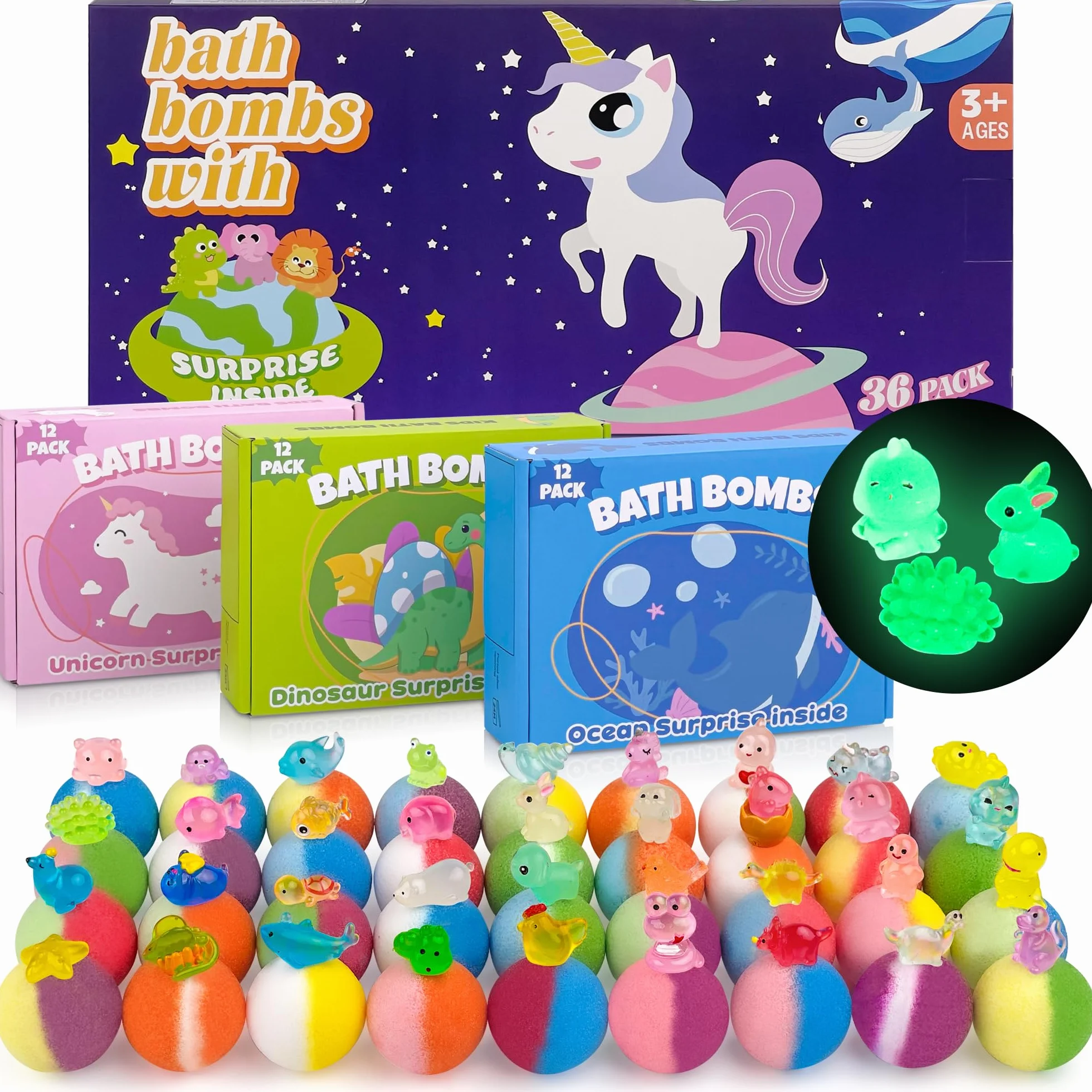 Bombes de bain bio pour enfants avec jouet surprise phosphorescent, 36 boules moussantes faites à la main, coffret cadeau anniversaire Pâques Noël