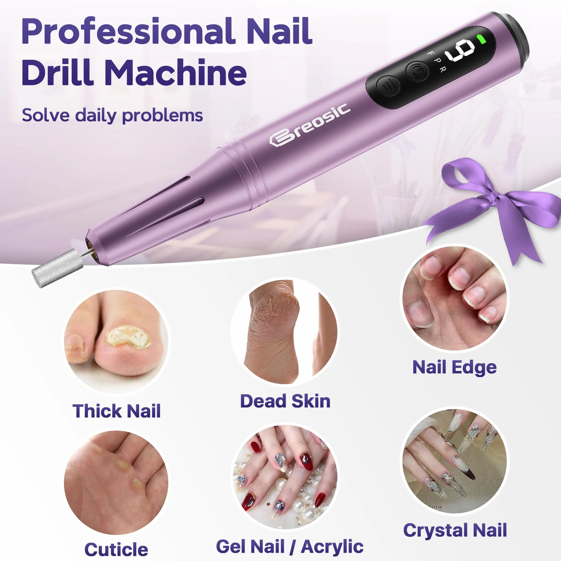 Ponceuse pour Ongles Professionnelle 35000 tr/min, Lime à Ongle Électrique Portable, 9 Vitesses Réglables, Kit Manucure Pédicure USB-C (Violette)