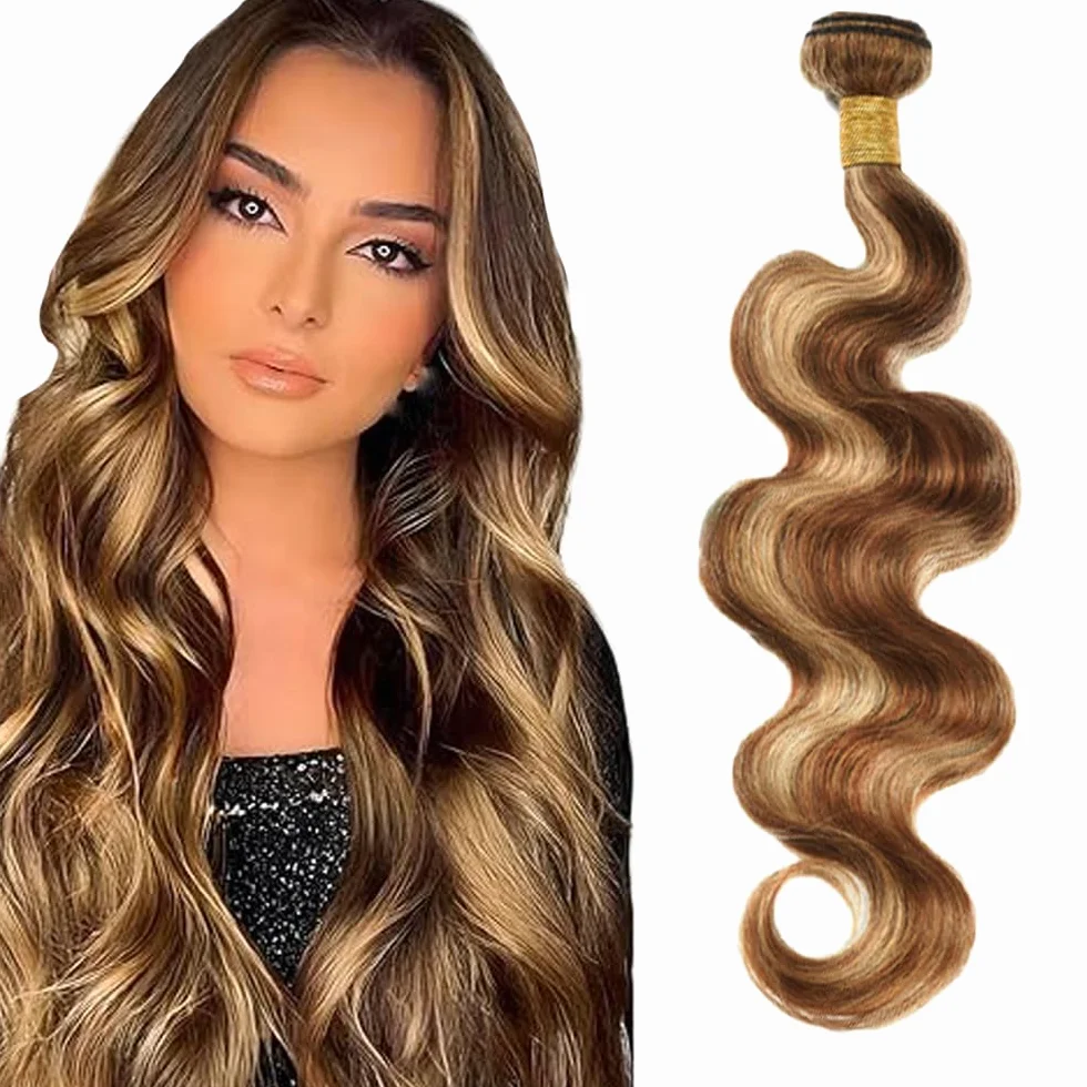 Human Hair Extensions Body Wave Human Hair Bundles Sew in Bundles P4/27 Highlight Blonde Unprocessed Virgin Cheveux Humain Minimal Smell Low Tangle for Women 1 Bundle 16 Inch