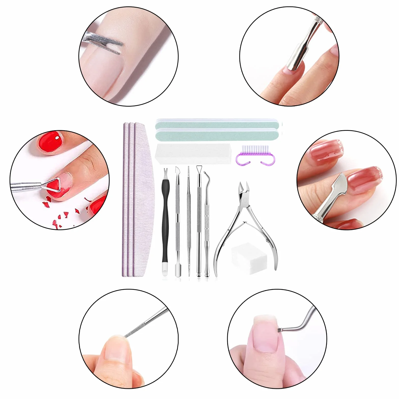 Kit de manucure et pédicure avec lime à ongles professionnelle, pousse cuticule, coupe-cuticules et brosse à ongles