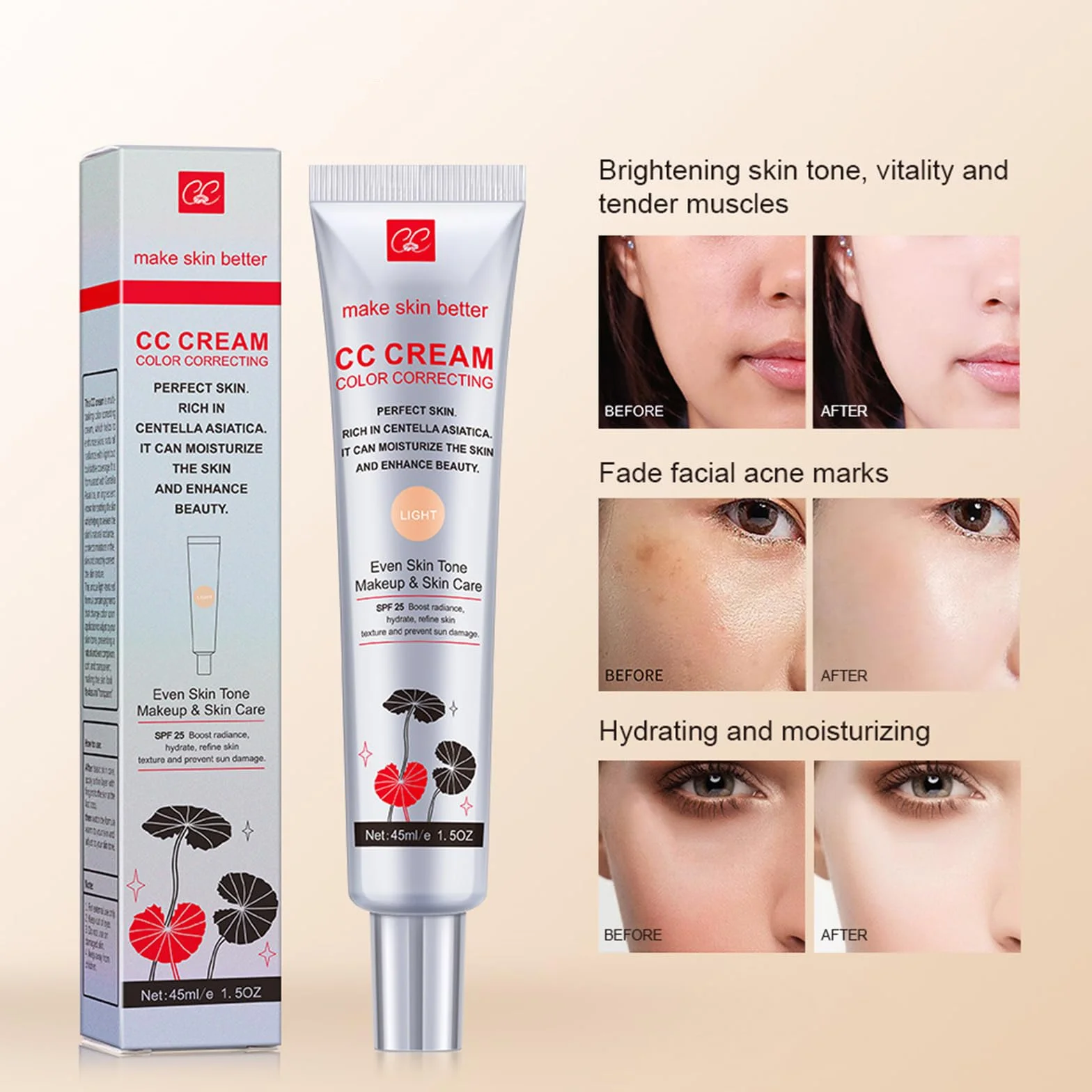 CC Crème Centella Asiatica Anti-Rougeur SPF 25 Couverture Naturelle Longue Tenue (Claire)